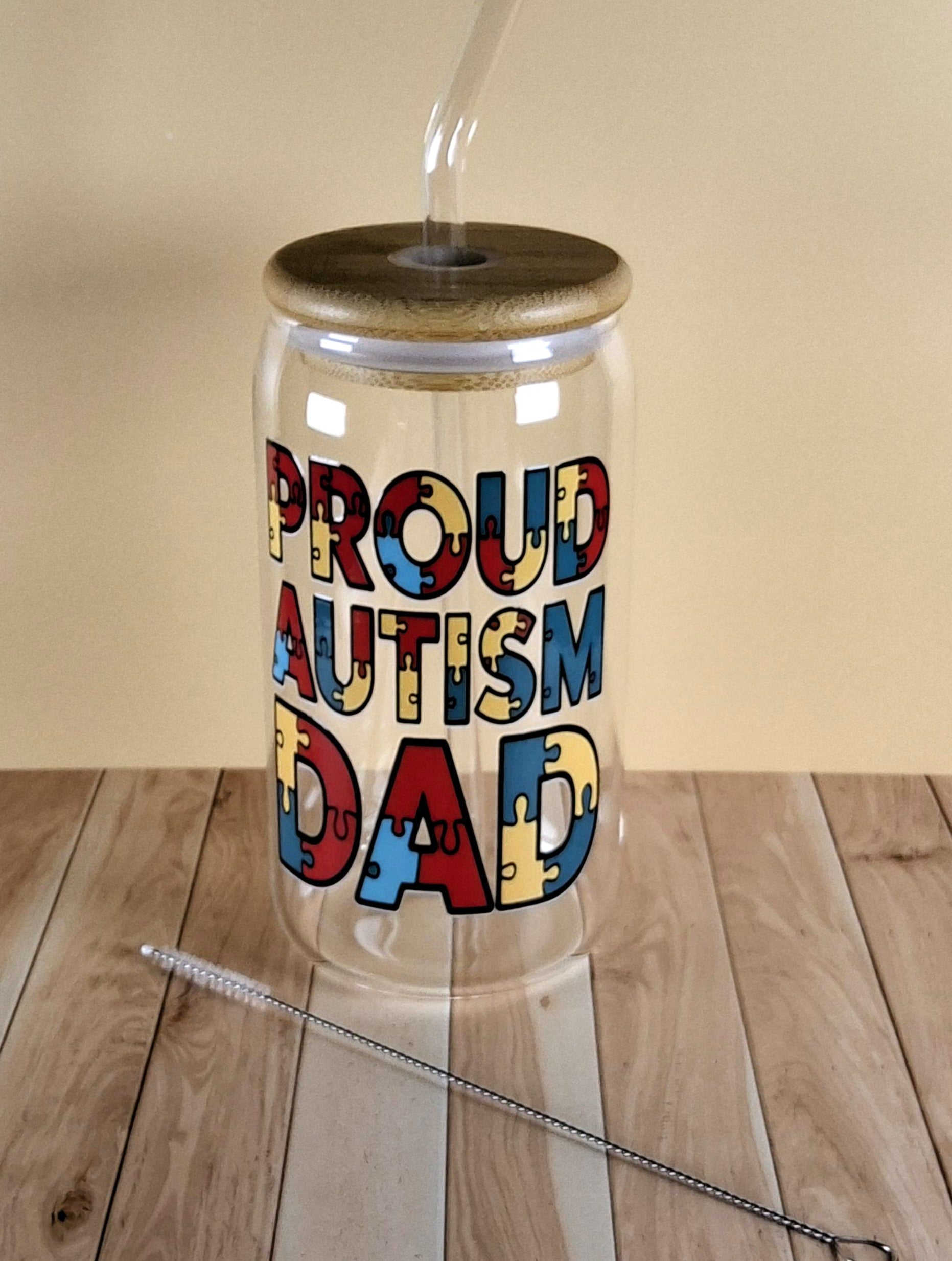 16oz Autism Awareness Glass Tumblers with Bamboo Lid, Glass Straw, & Straw Cleaner
