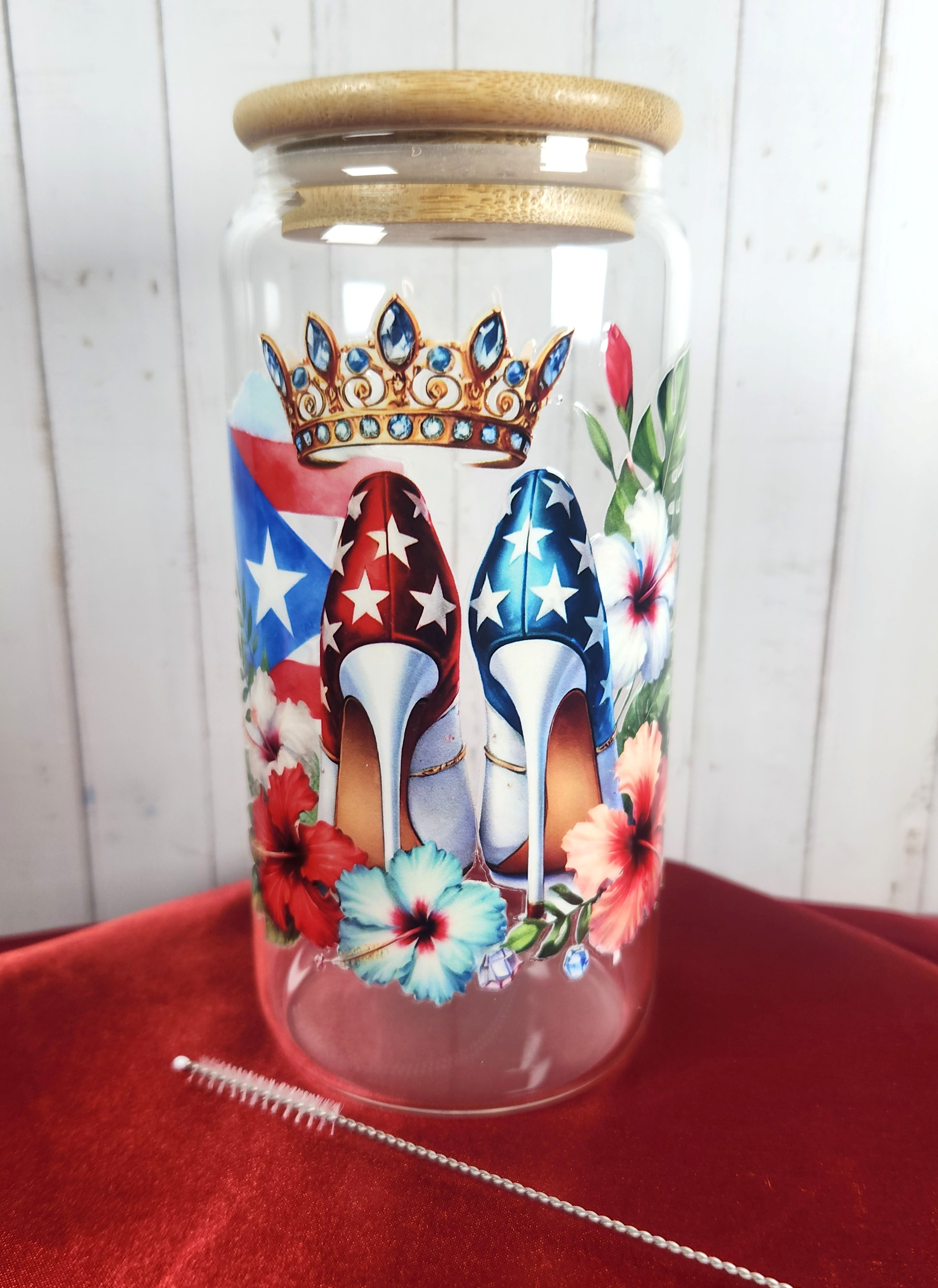 16oz Boricua Queen Glass Tumblers with Bamboo Lid, Glass Straw, & Straw Cleaner