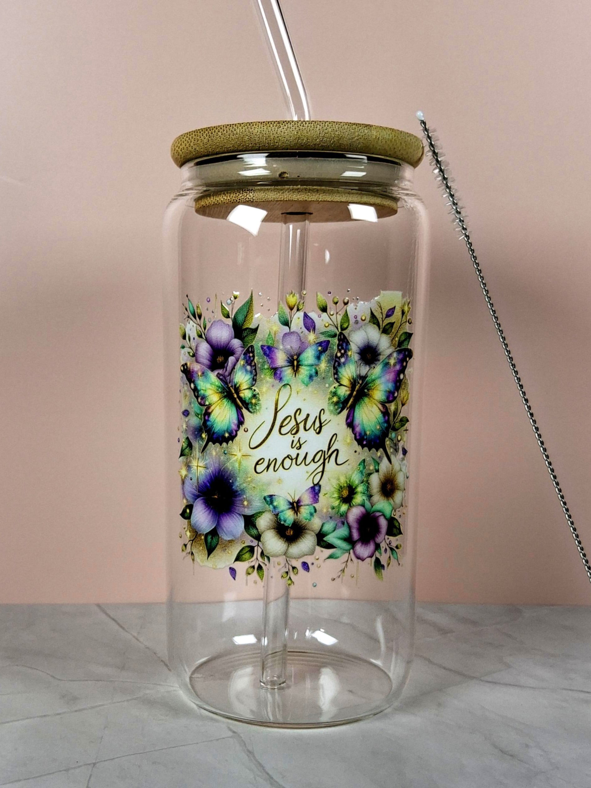 16oz The Lord Inspirational Glass Tumblers with Bamboo Lid, Glass Straw, & Straw Cleaner