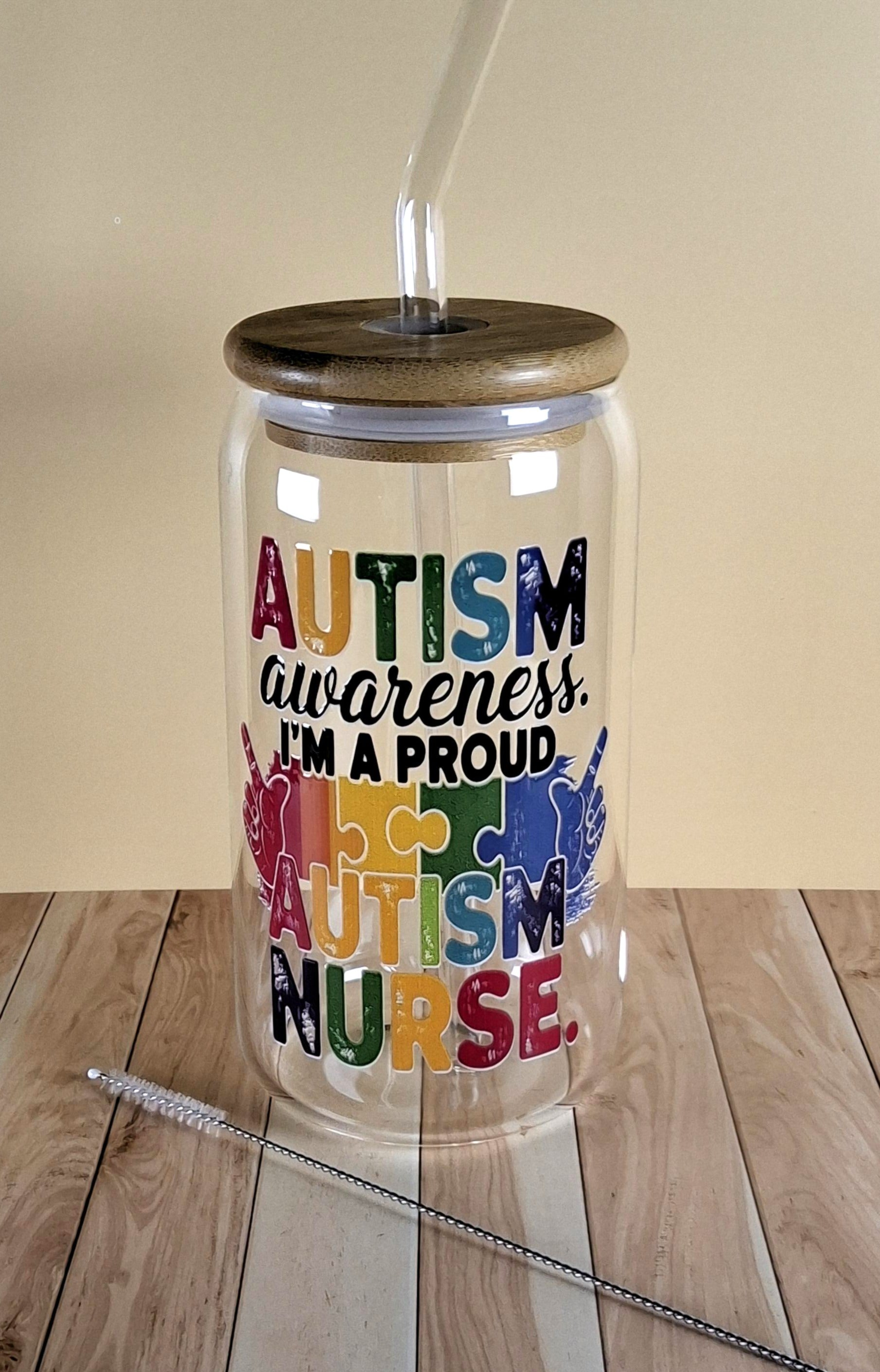 16oz Autism Awareness Glass Tumblers with Bamboo Lid, Glass Straw, & Straw Cleaner