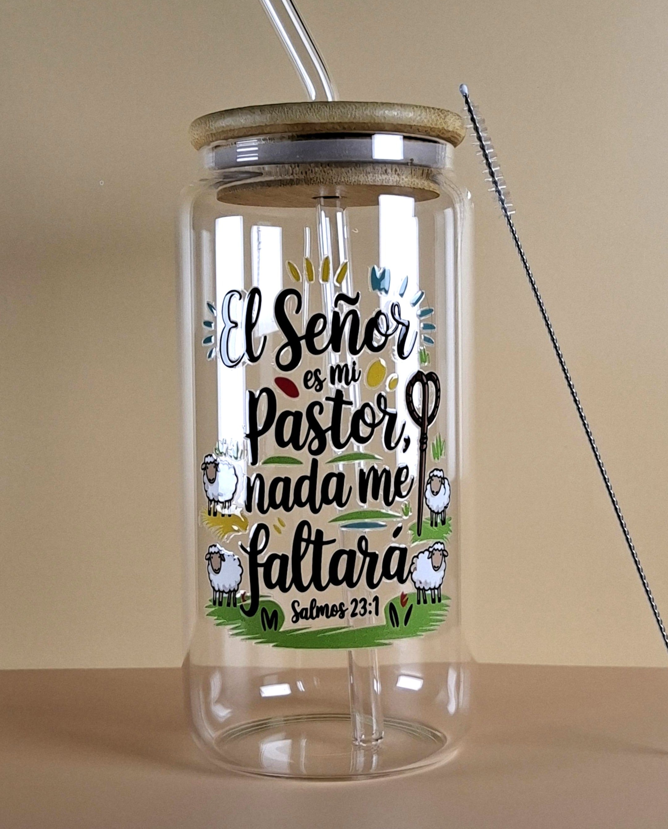 16oz Spanish Bible Verses Glass Tumblers with Bamboo Lid, Glass Straw, & Straw Cleaner