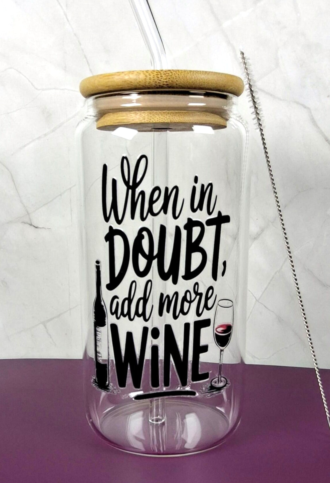 16oz Wine Lovers Glass Tumblers with Bamboo Lid, Glass Straw, & Straw Cleaner