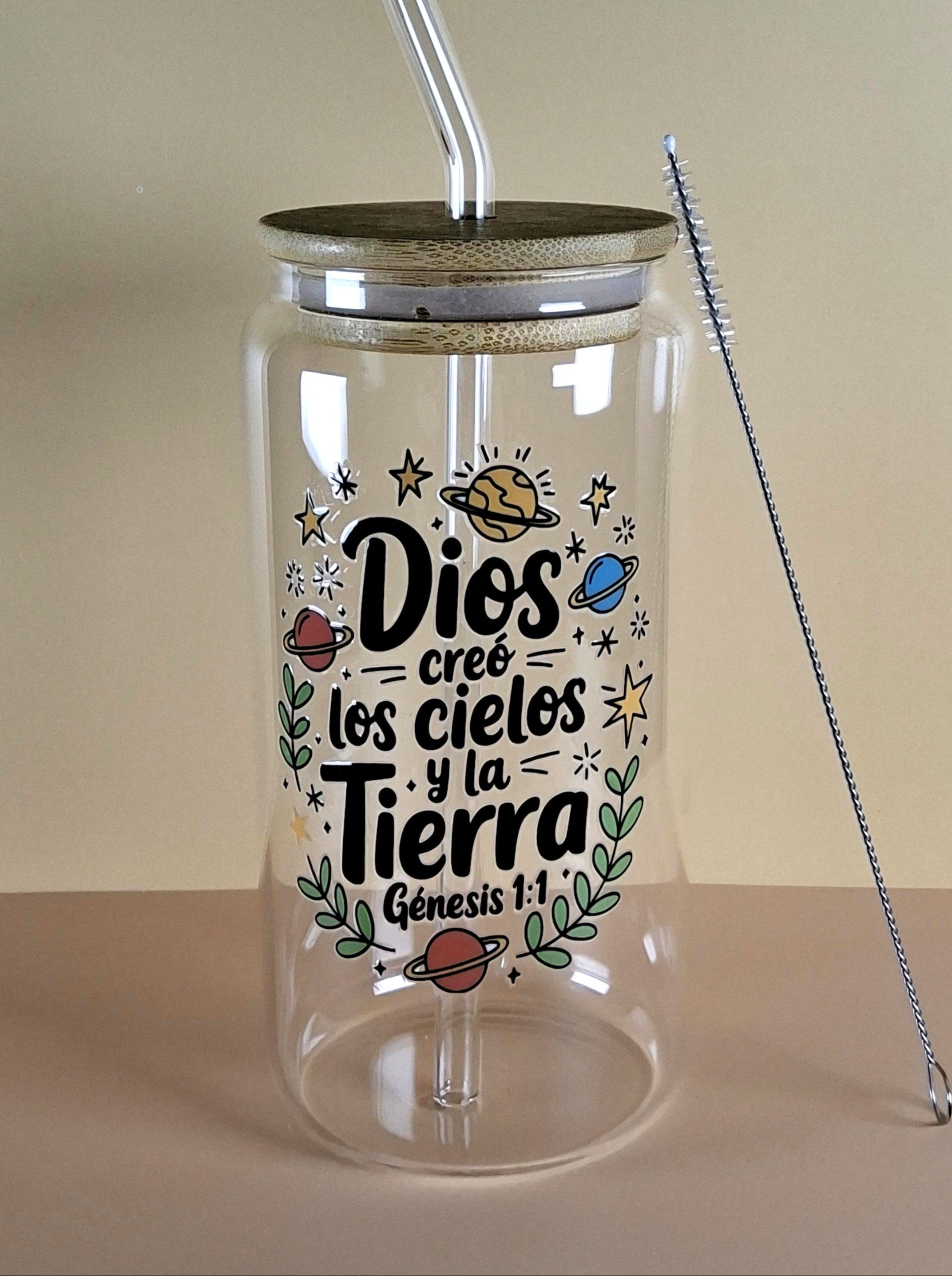 16oz Spanish Bible Verses Glass Tumblers with Bamboo Lid, Glass Straw, & Straw Cleaner