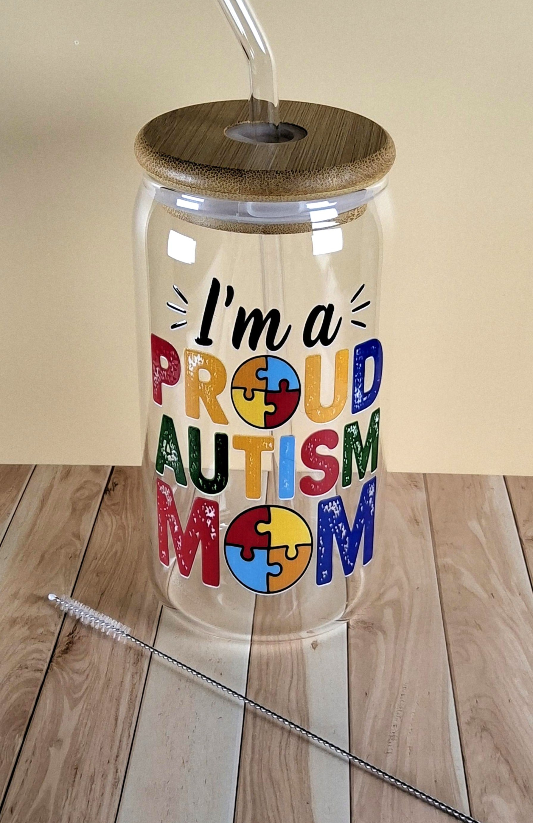 16oz Autism Awareness Glass Tumblers with Bamboo Lid, Glass Straw, & Straw Cleaner
