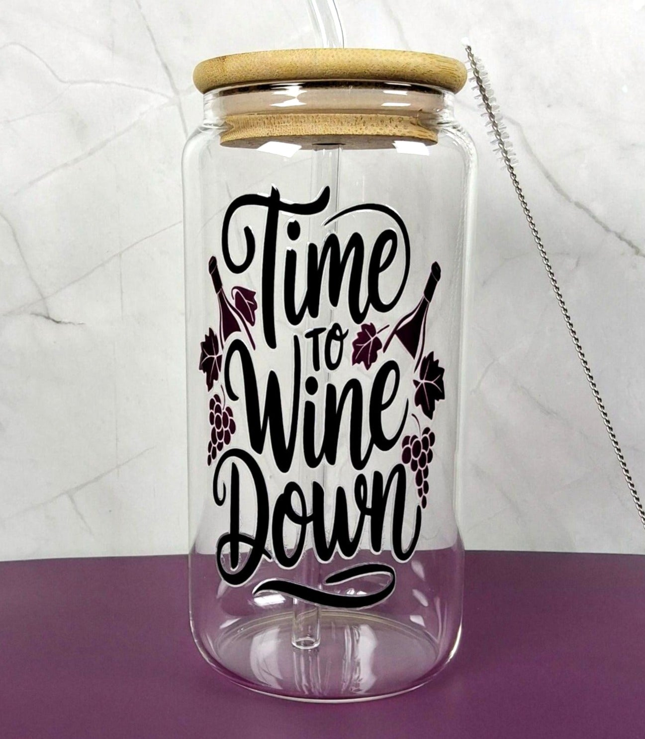 16oz Wine Lovers Glass Tumblers with Bamboo Lid, Glass Straw, & Straw Cleaner