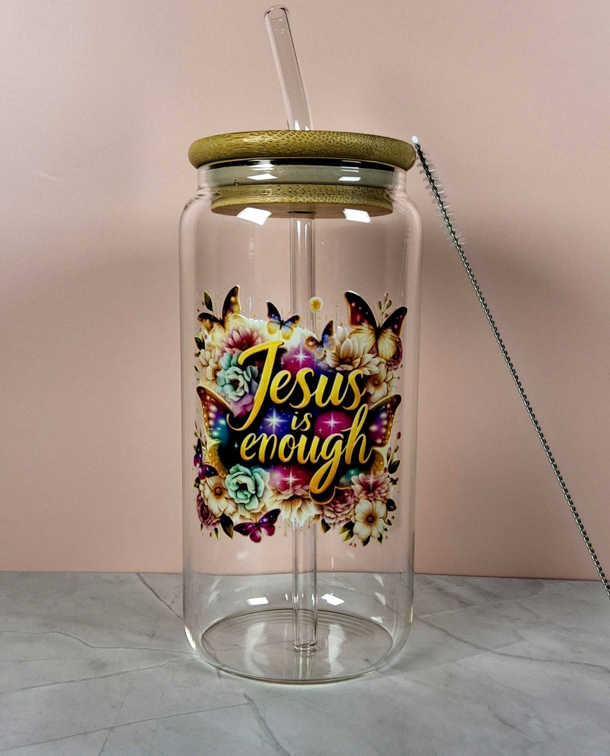 16oz The Lord Inspirational Glass Tumblers with Bamboo Lid, Glass Straw, & Straw Cleaner