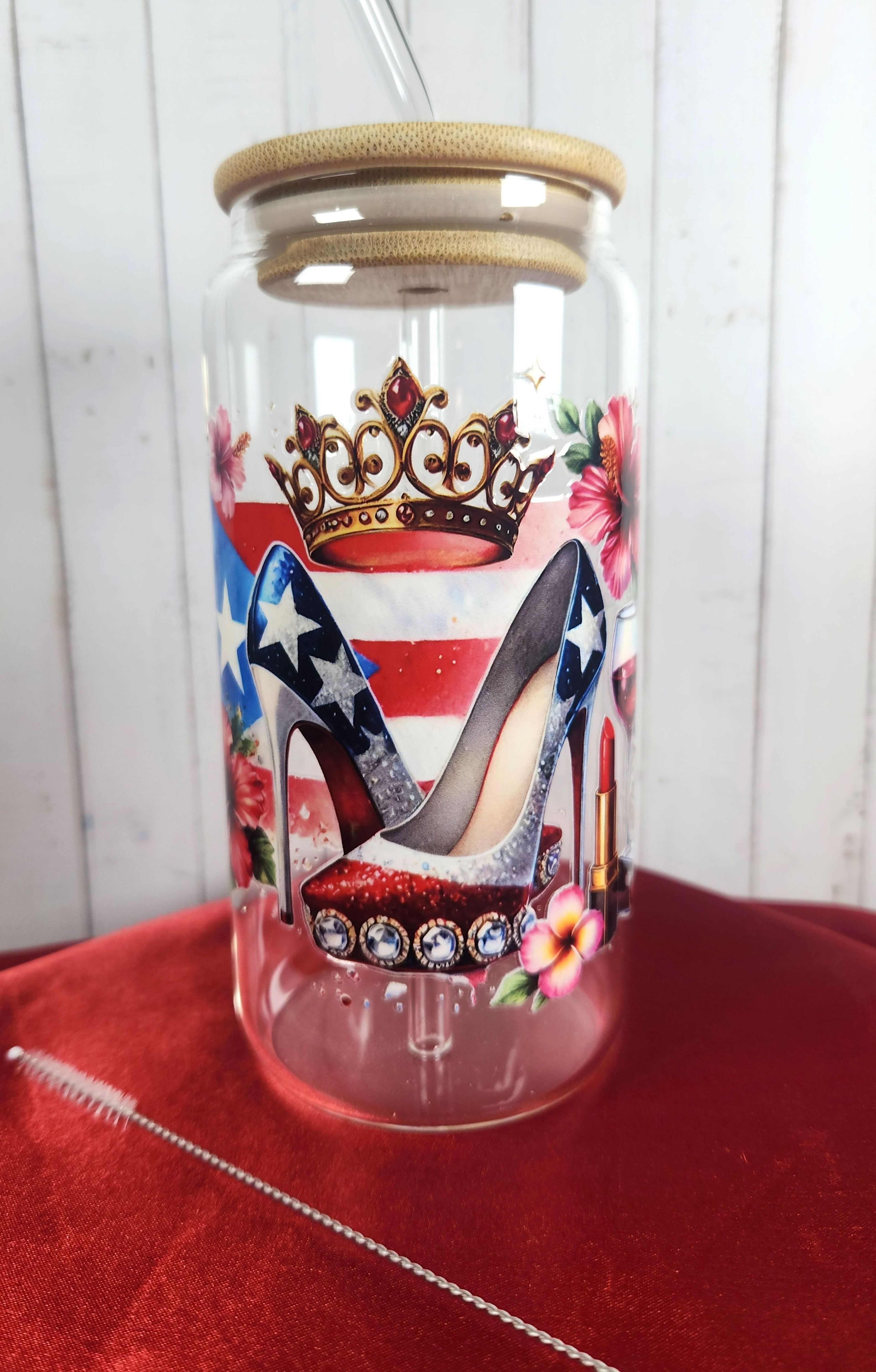 16oz Boricua Queen Glass Tumblers with Bamboo Lid, Glass Straw, & Straw Cleaner