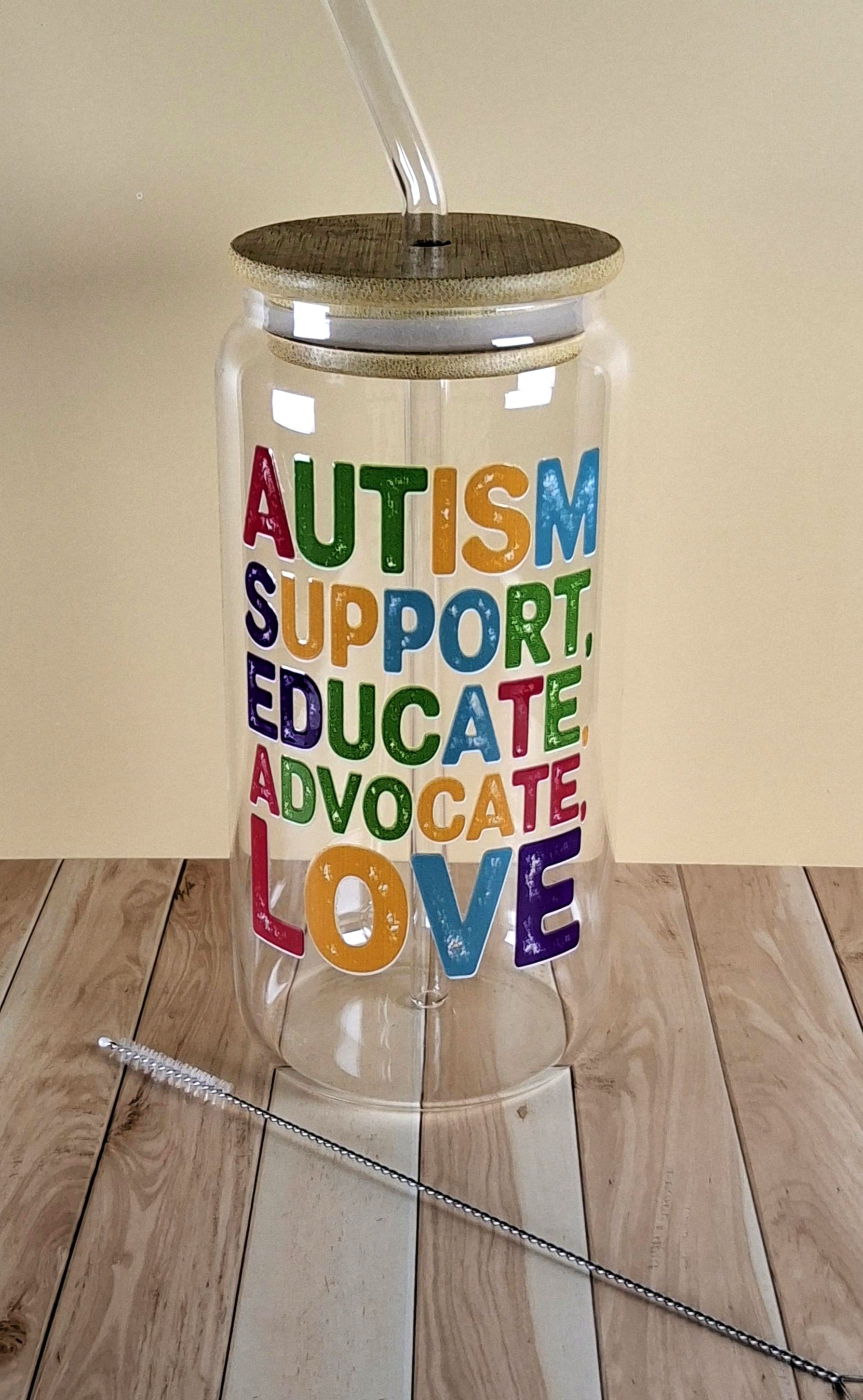 16oz Autism Awareness Glass Tumblers with Bamboo Lid, Glass Straw, & Straw Cleaner