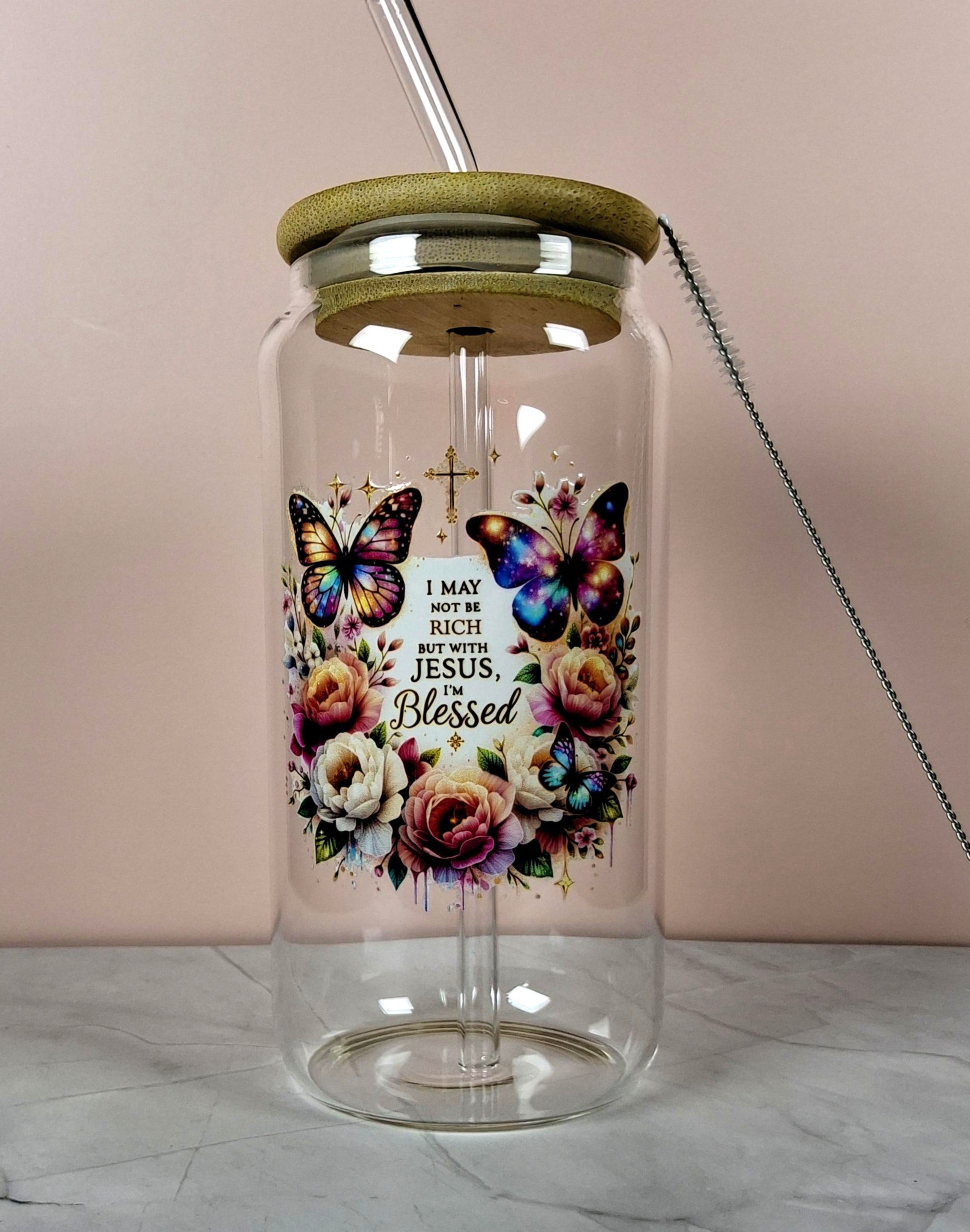 16oz The Lord Inspirational Glass Tumblers with Bamboo Lid, Glass Straw, & Straw Cleaner