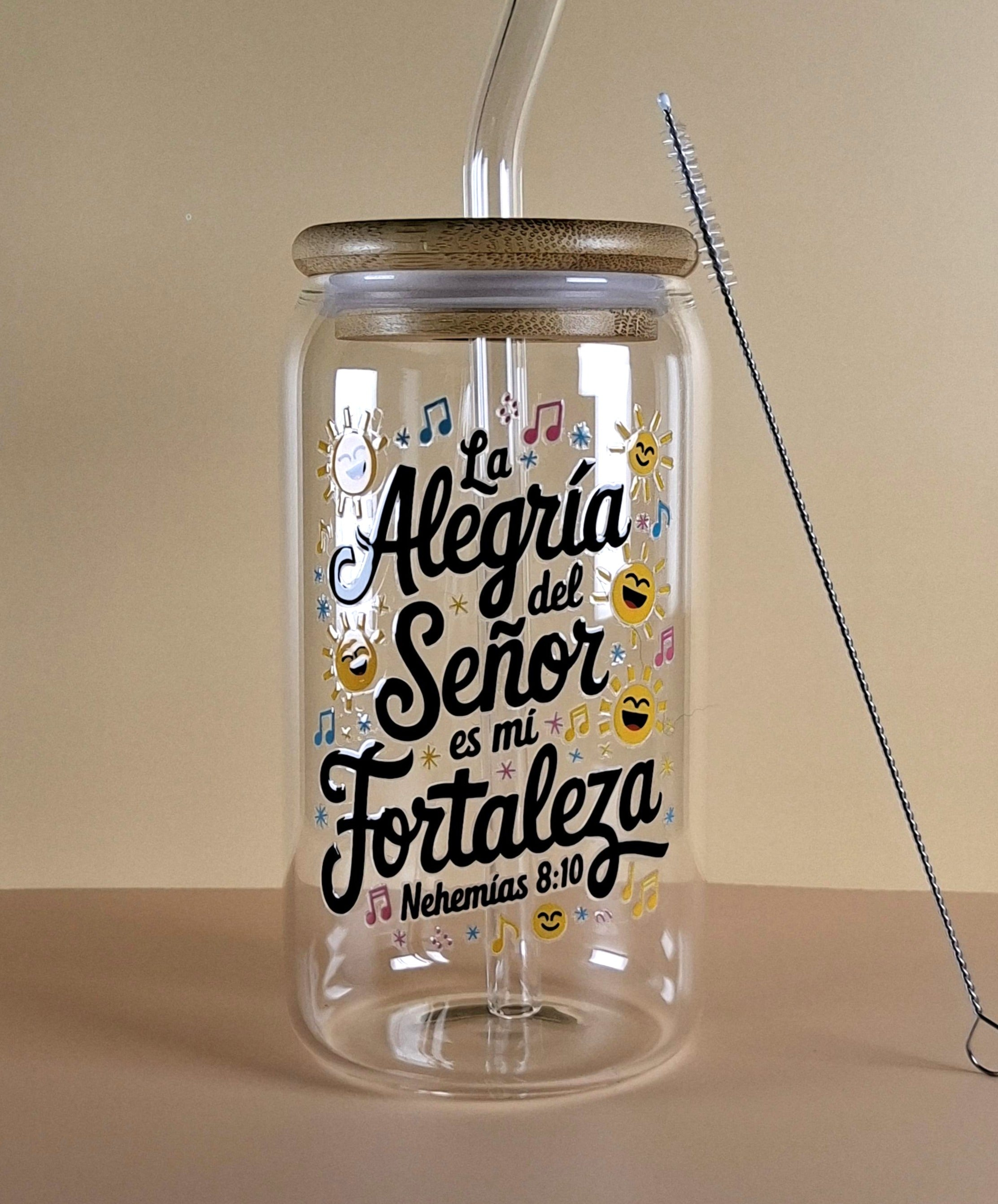 16oz Spanish Bible Verses Glass Tumblers with Bamboo Lid, Glass Straw, & Straw Cleaner