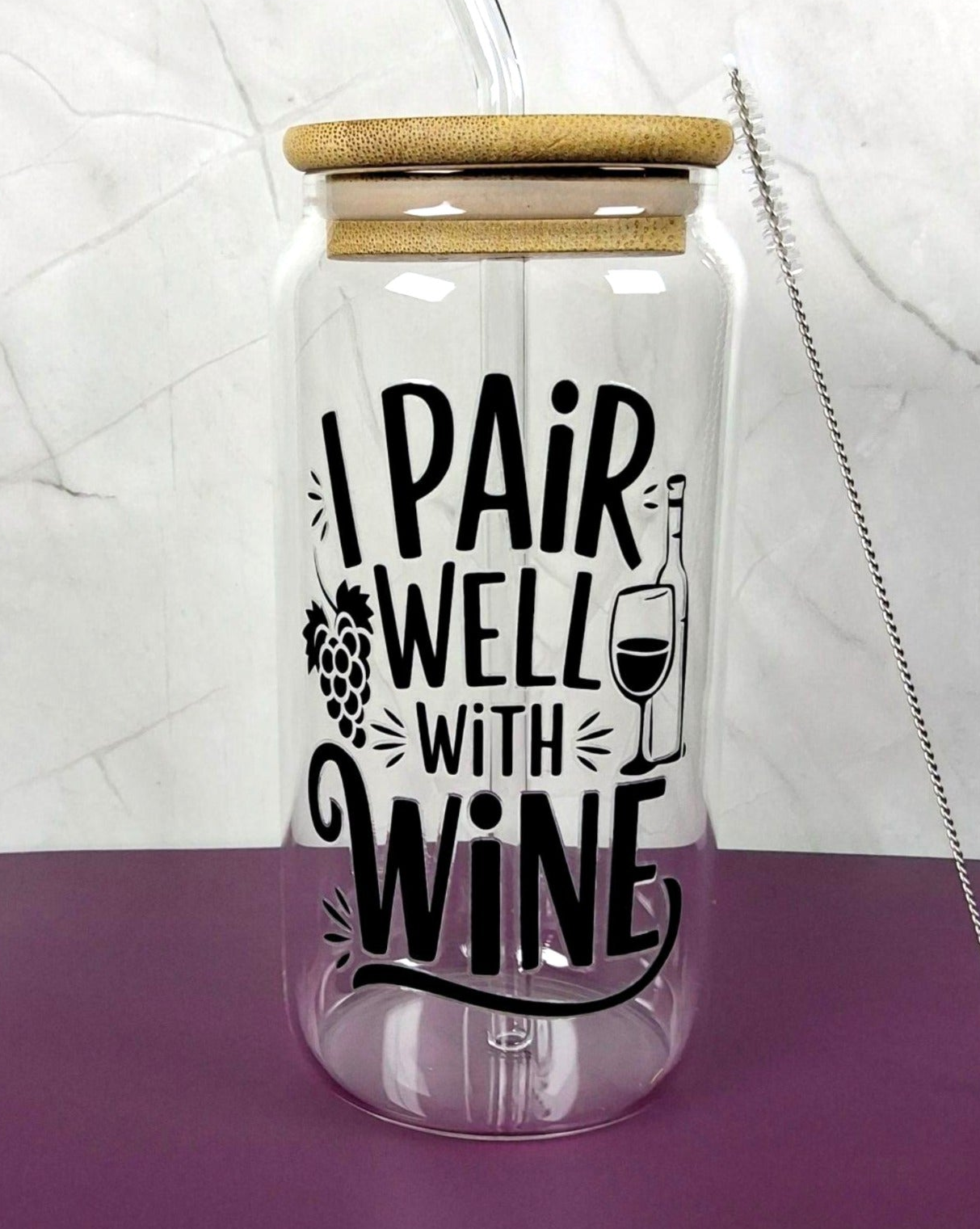 16oz Wine Lovers Glass Tumblers with Bamboo Lid, Glass Straw, & Straw Cleaner