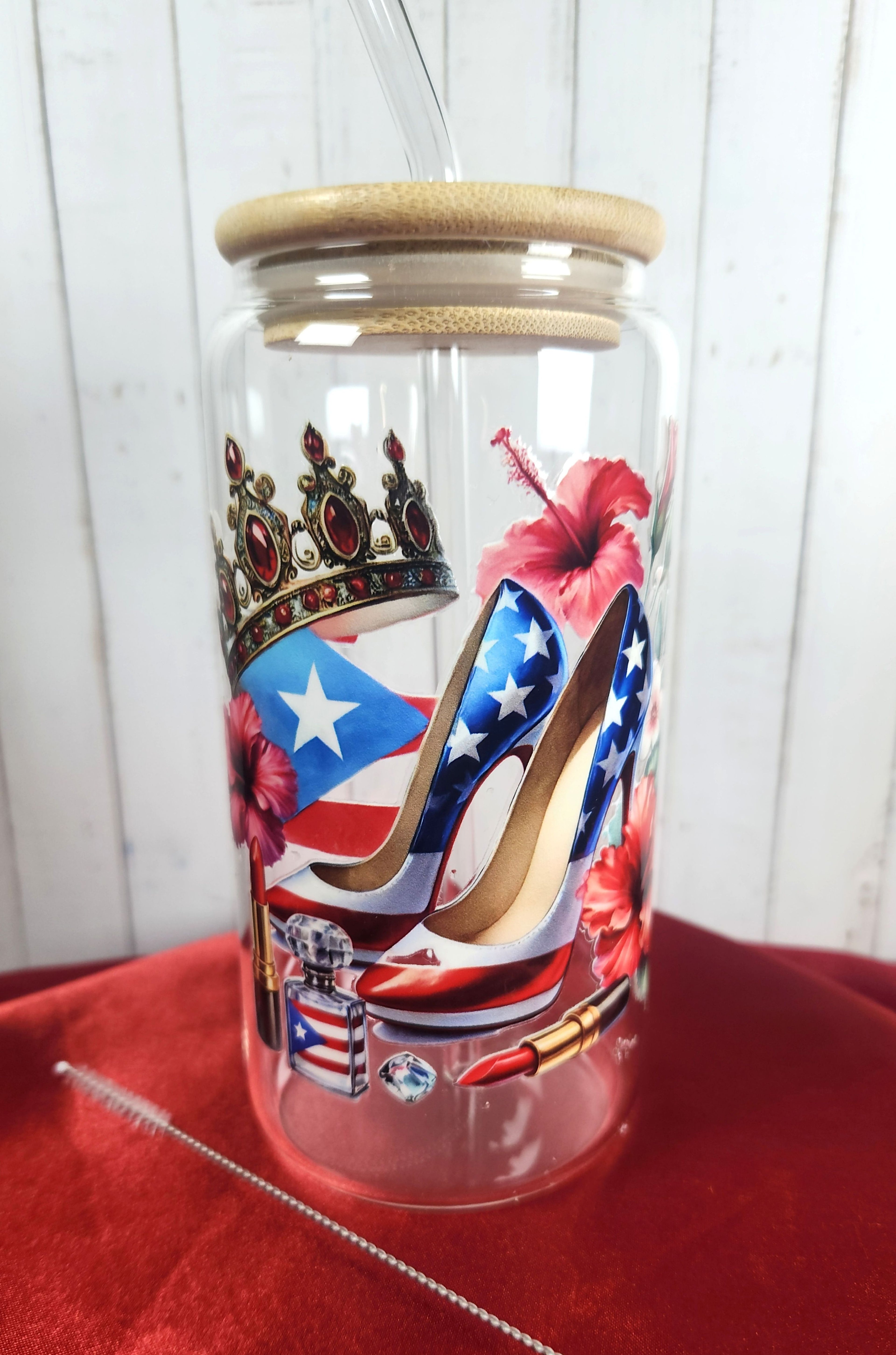 16oz Boricua Queen Glass Tumblers with Bamboo Lid, Glass Straw, & Straw Cleaner