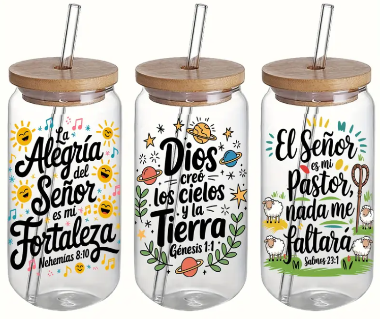 16oz Spanish Bible Verses Glass Tumblers with Bamboo Lid, Glass Straw, & Straw Cleaner