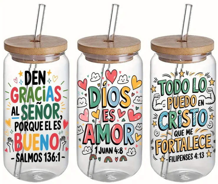 16oz Spanish Bible Verses Glass Tumblers with Bamboo Lid, Glass Straw, & Straw Cleaner