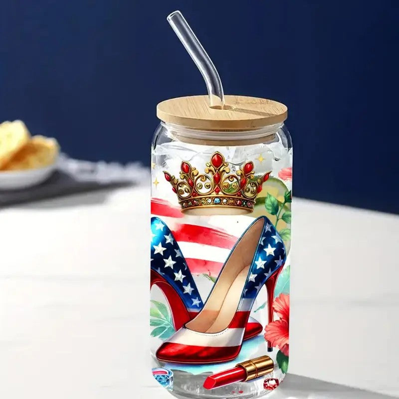 16oz Boricua Queen Glass Tumblers with Bamboo Lid, Glass Straw, & Straw Cleaner