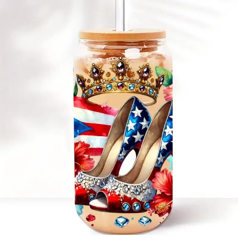 16oz Boricua Queen Glass Tumblers with Bamboo Lid, Glass Straw, & Straw Cleaner