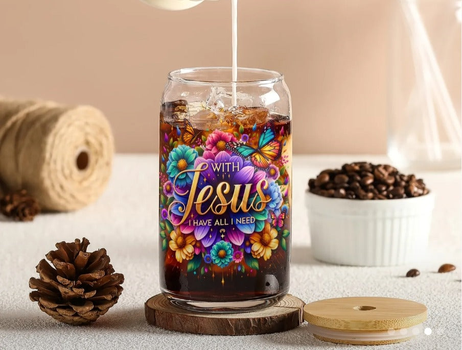 16oz The Lord Inspirational Glass Tumblers with Bamboo Lid, Glass Straw, & Straw Cleaner