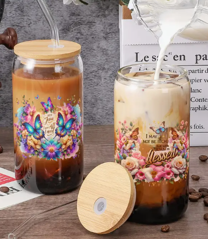 16oz The Lord Inspirational Glass Tumblers with Bamboo Lid, Glass Straw, & Straw Cleaner