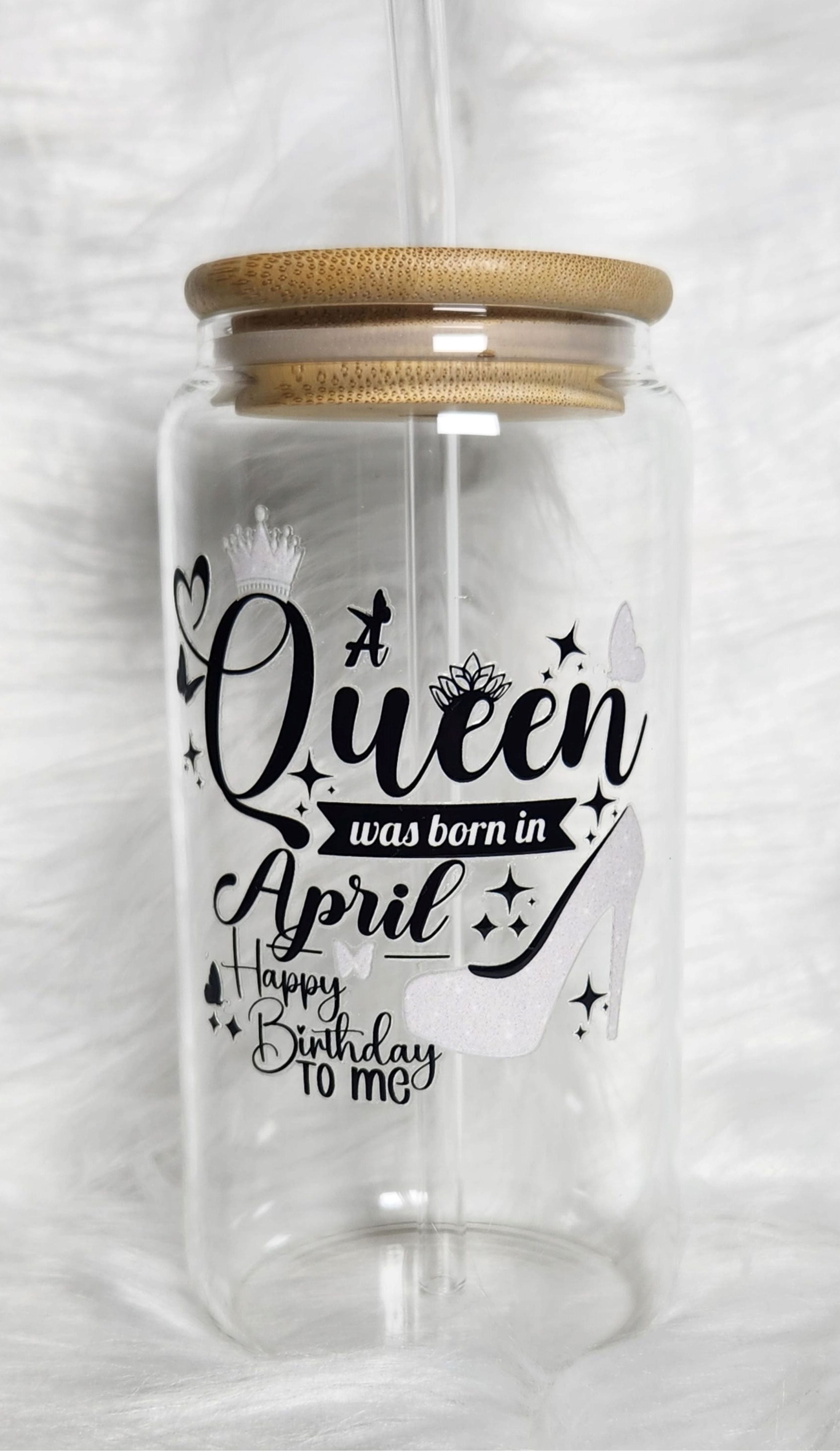 16oz Birthday Queen Glass Tumblers with Bamboo Lid, Glass Straw, & Straw Cleaner