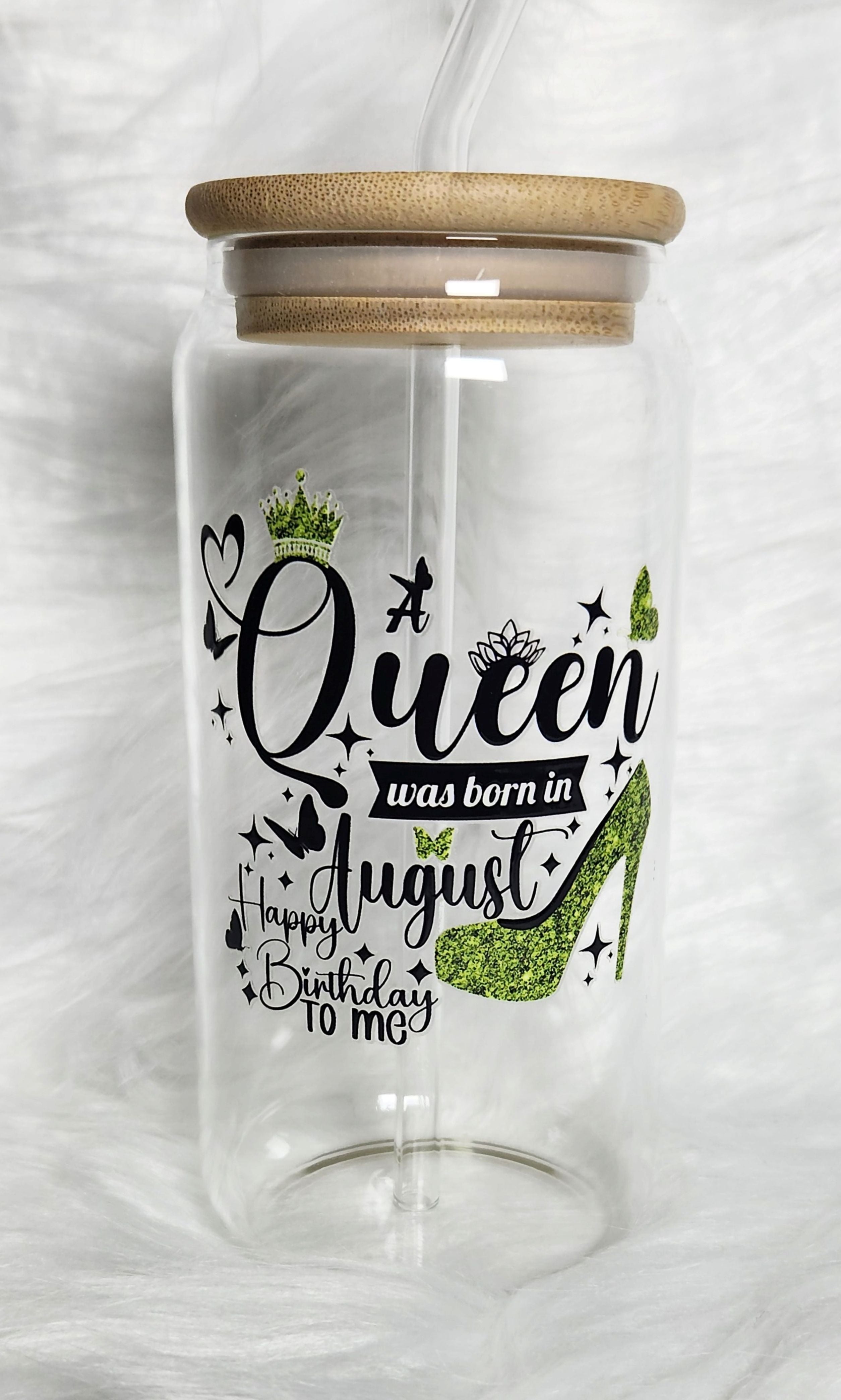 16oz Birthday Queen Glass Tumblers with Bamboo Lid, Glass Straw, & Straw Cleaner