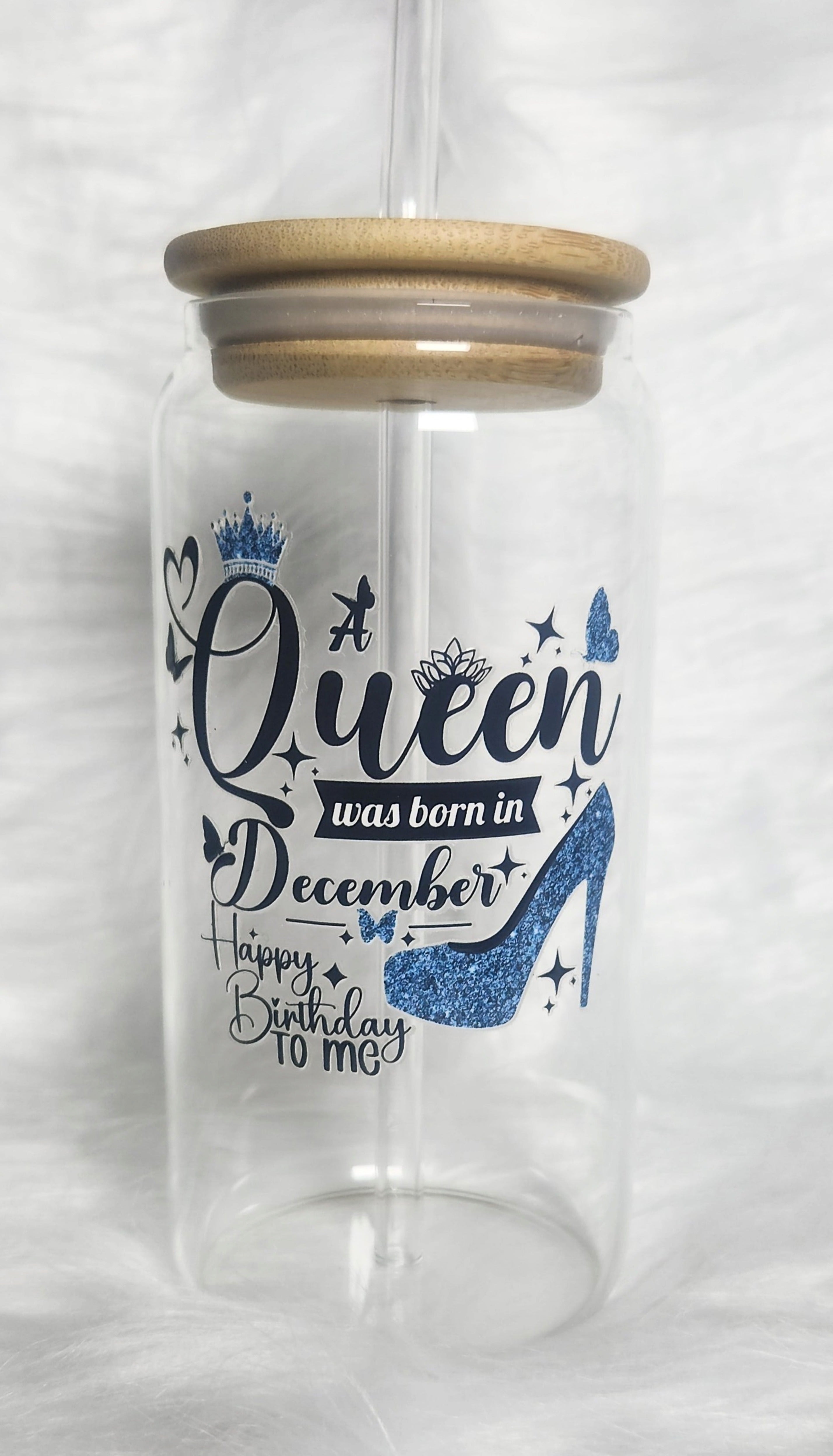 16oz Birthday Queen Glass Tumblers with Bamboo Lid, Glass Straw, & Straw Cleaner
