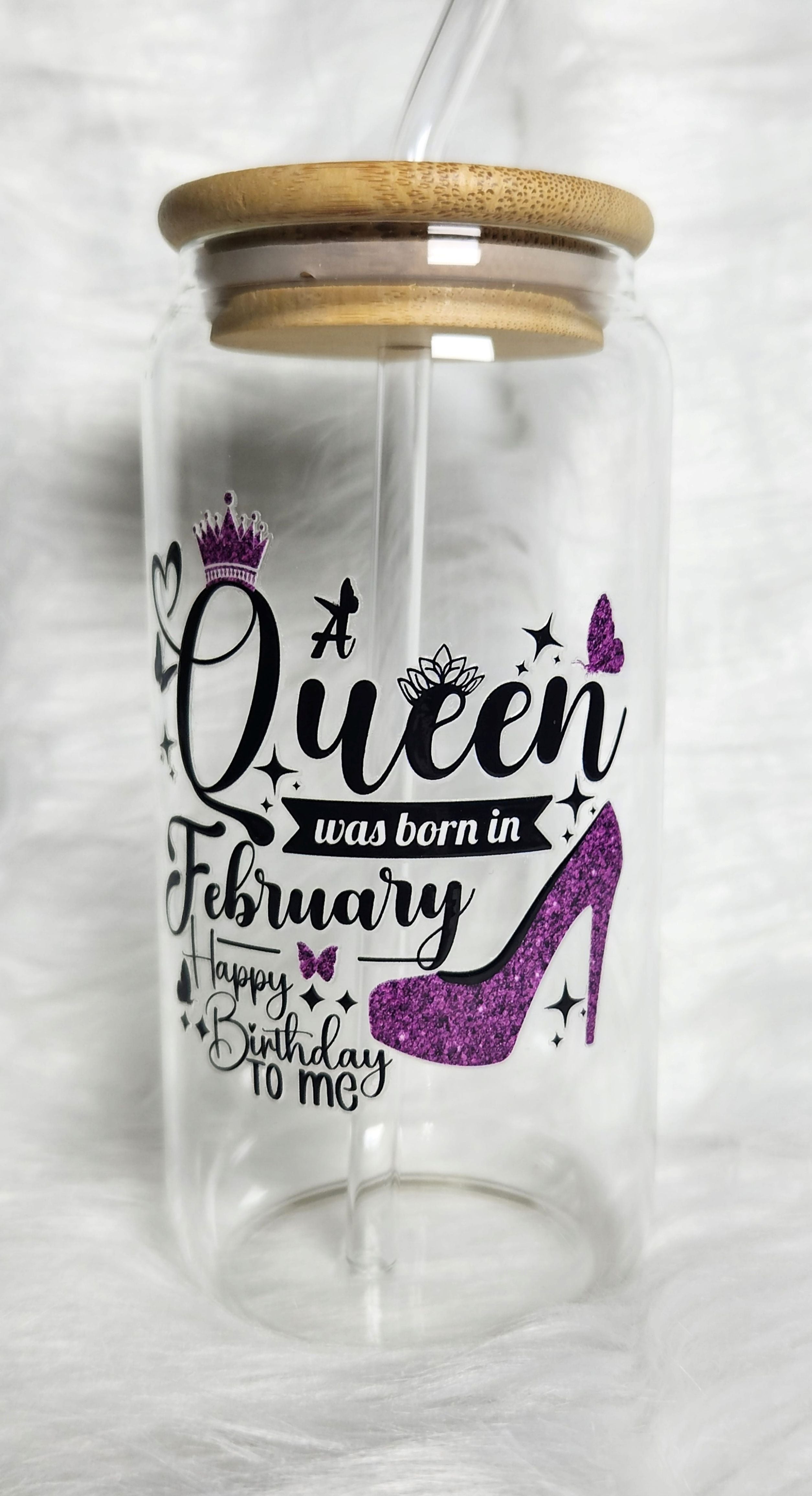 16oz Birthday Queen Glass Tumblers with Bamboo Lid, Glass Straw, & Straw Cleaner