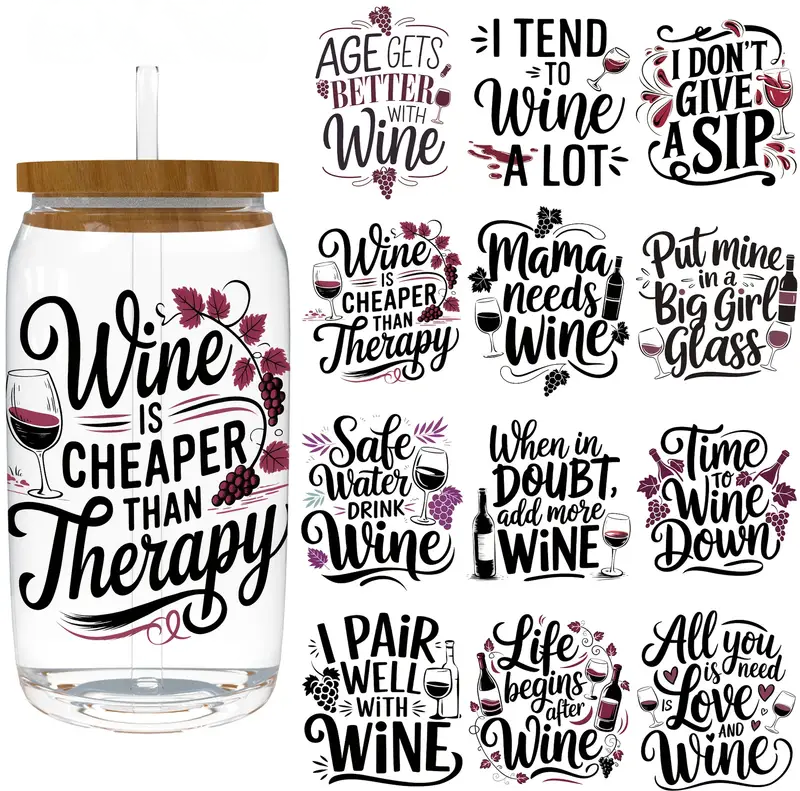 16oz Wine Lovers Glass Tumblers with Bamboo Lid, Glass Straw, & Straw Cleaner
