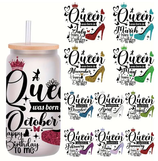 16oz Birthday Queen Glass Tumblers with Bamboo Lid, Glass Straw, & Straw Cleaner