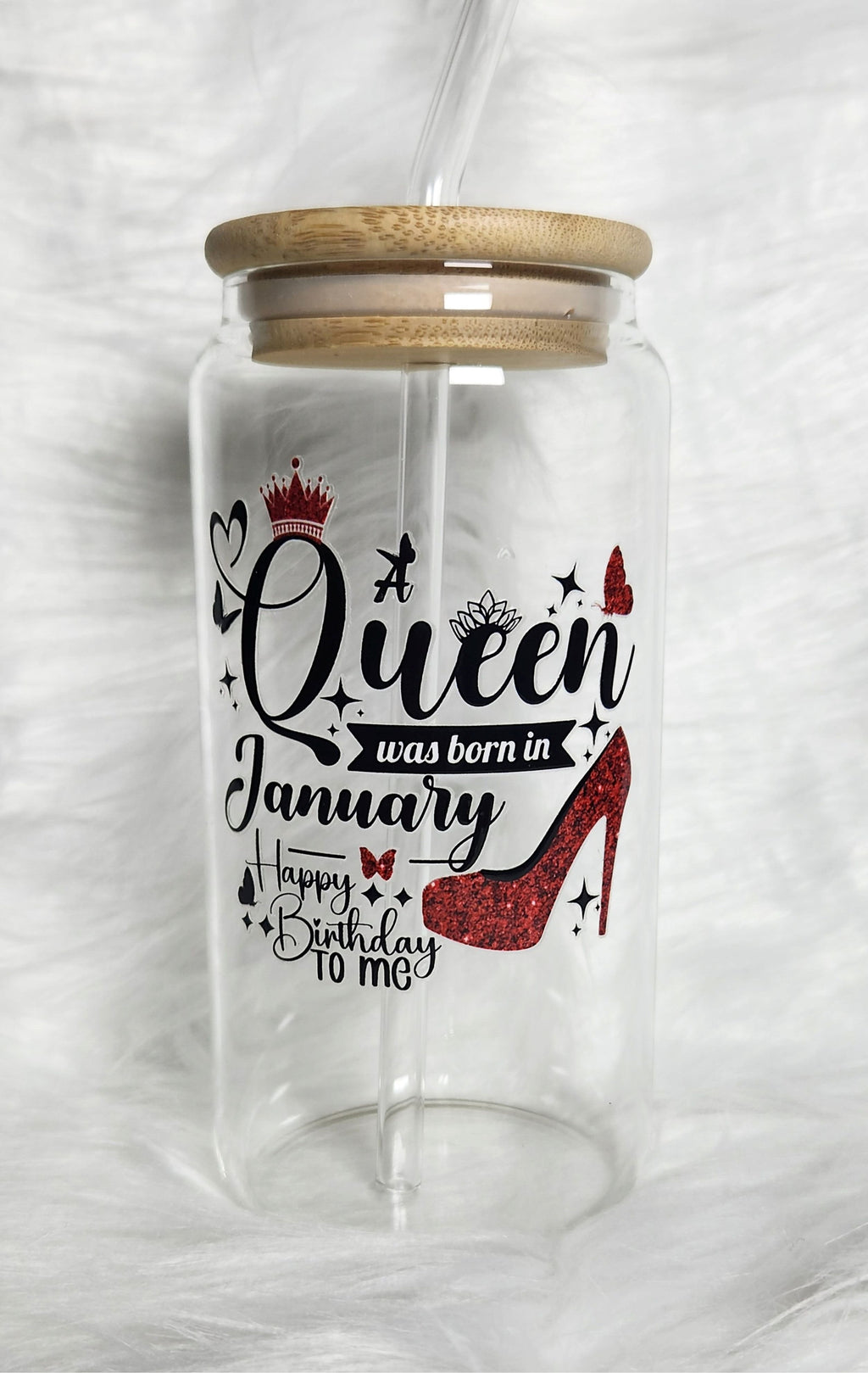 16oz Birthday Queen Glass Tumblers with Bamboo Lid, Glass Straw, & Straw Cleaner