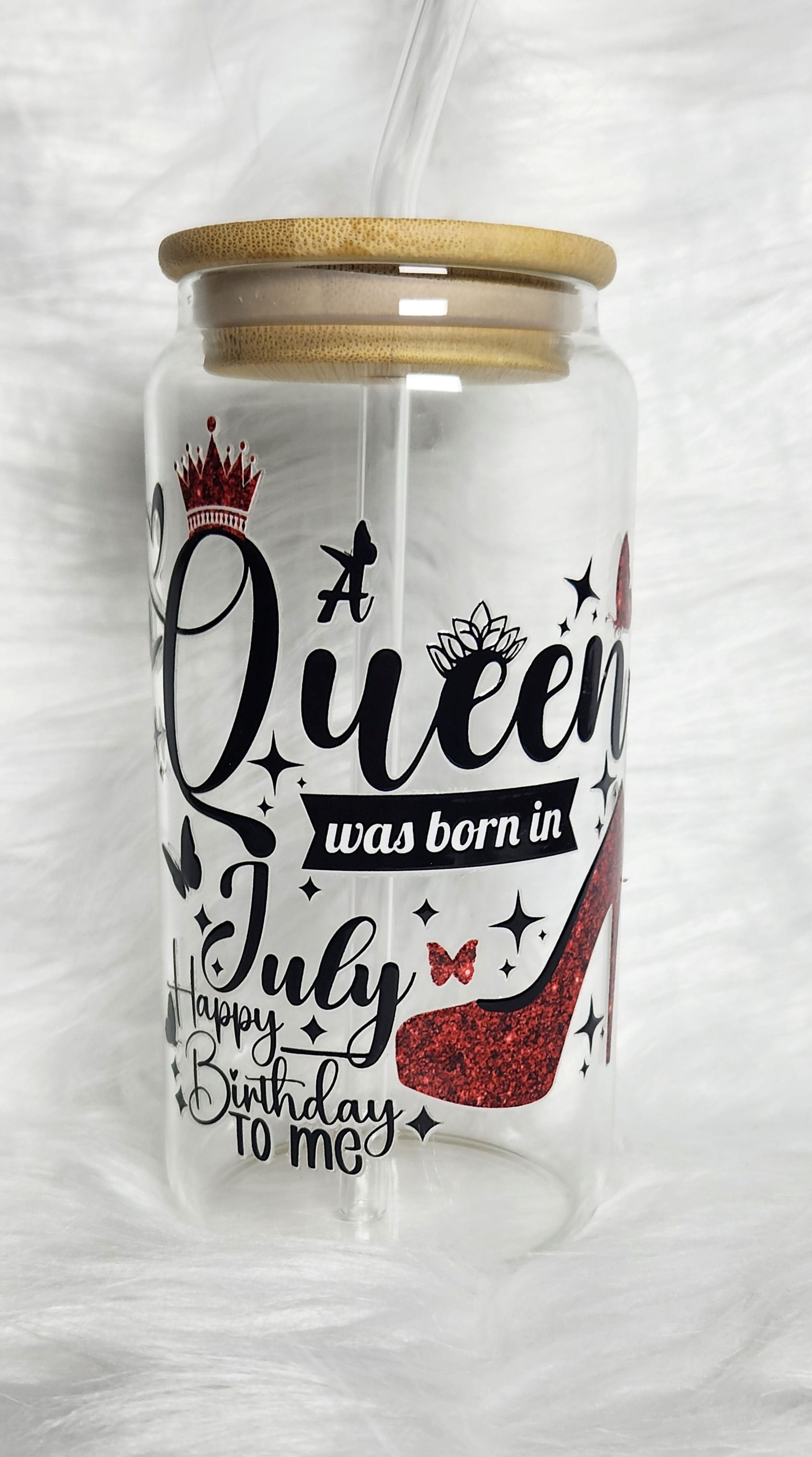 16oz Birthday Queen Glass Tumblers with Bamboo Lid, Glass Straw, & Straw Cleaner