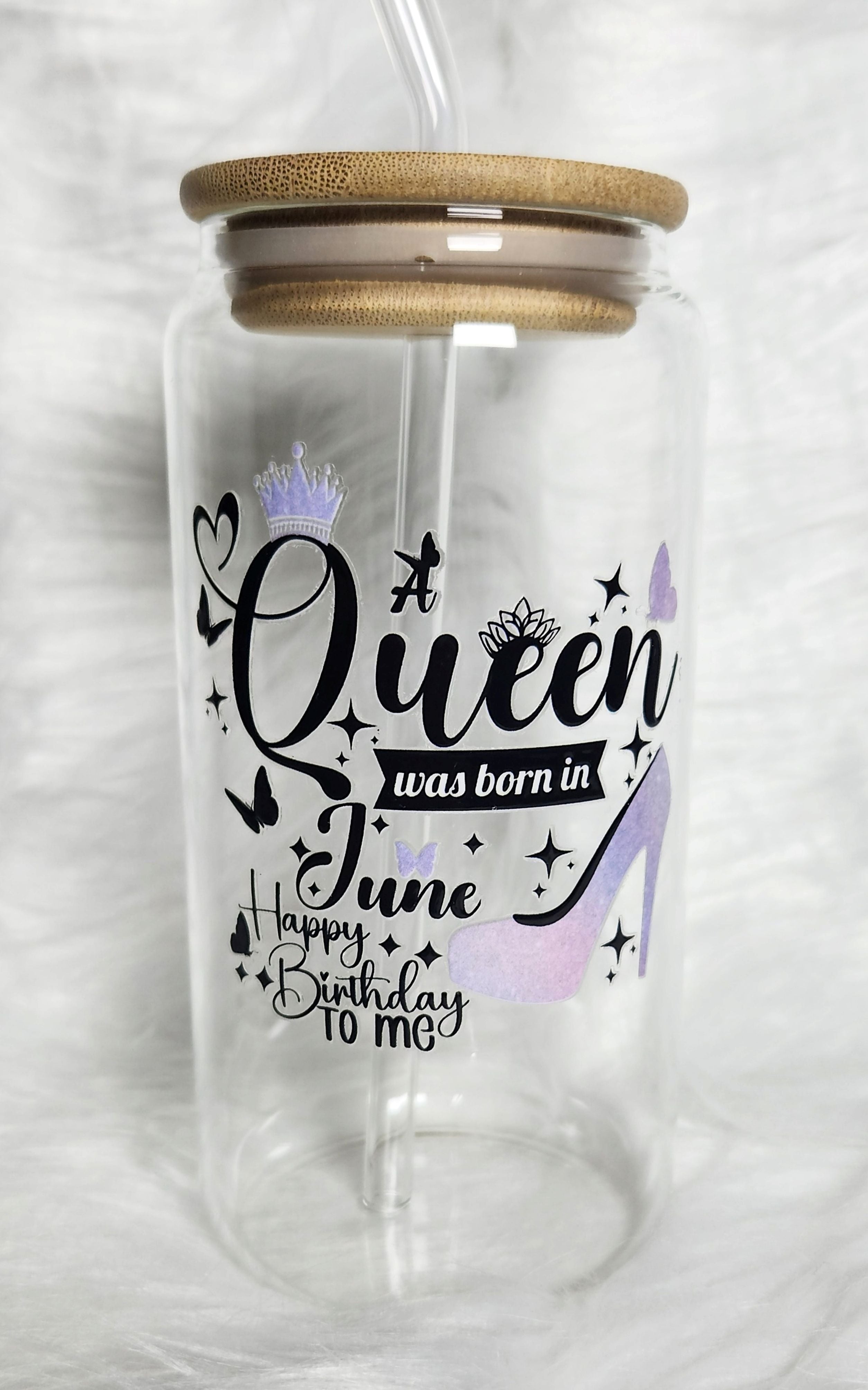 16oz Birthday Queen Glass Tumblers with Bamboo Lid, Glass Straw, & Straw Cleaner