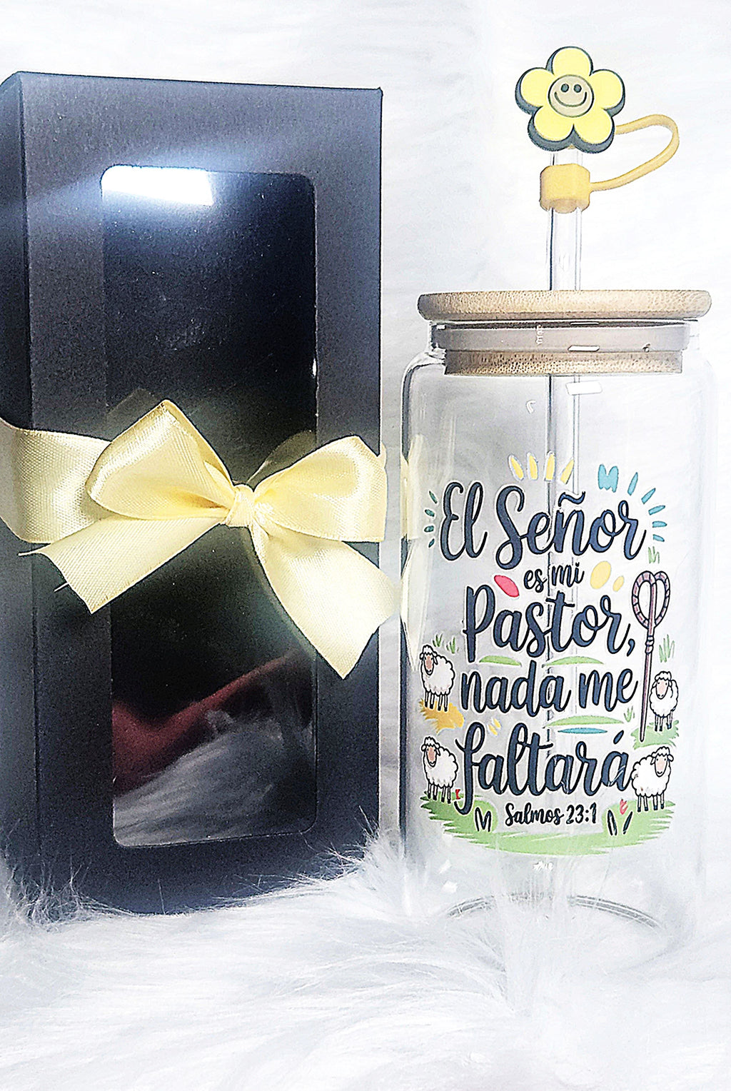 16oz Spanish Bible Verses Glass Tumblers with Bamboo Lid, Glass Straw, & Straw Cleaner