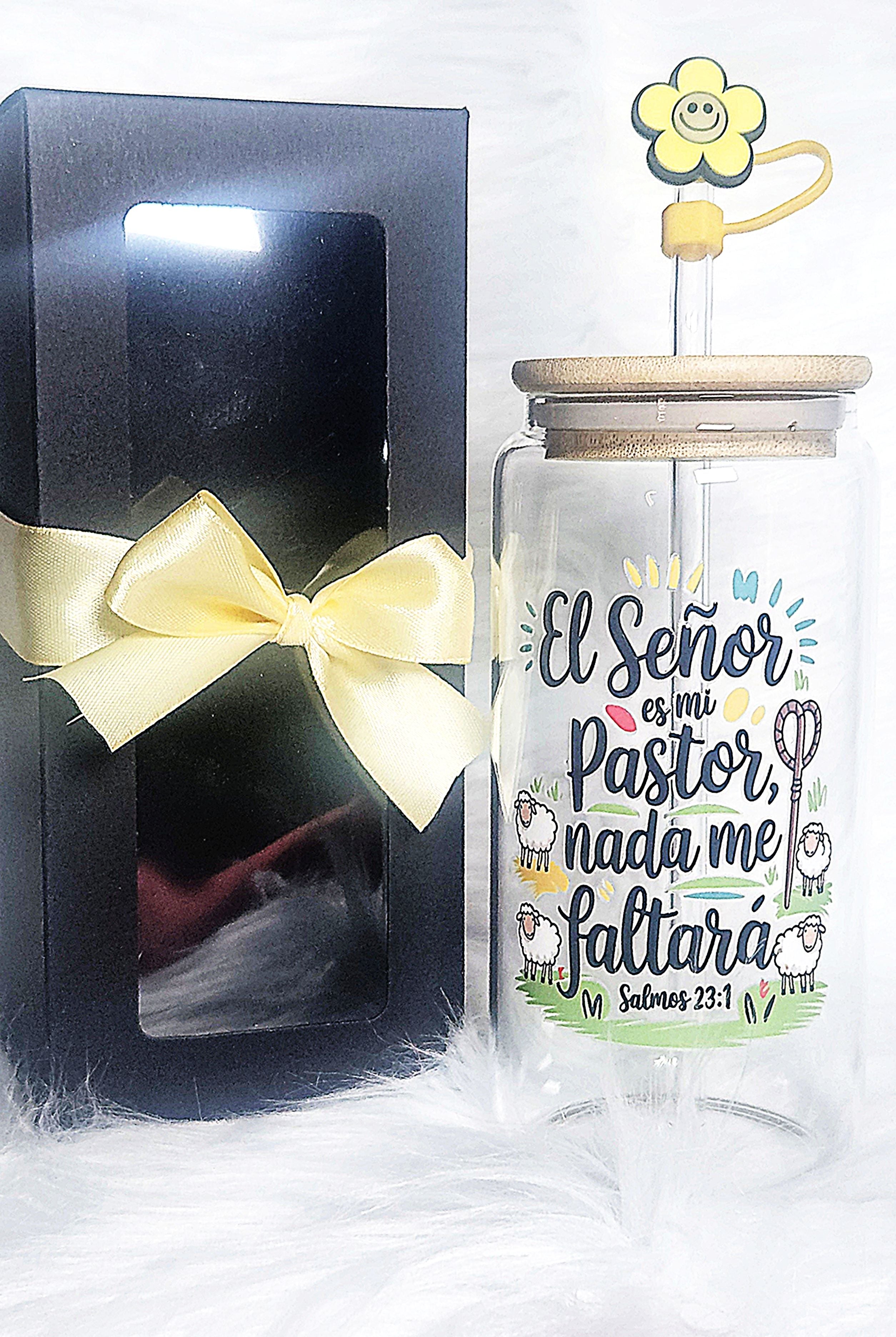 16oz Spanish Bible Verses Glass Tumblers with Bamboo Lid, Glass Straw, & Straw Cleaner