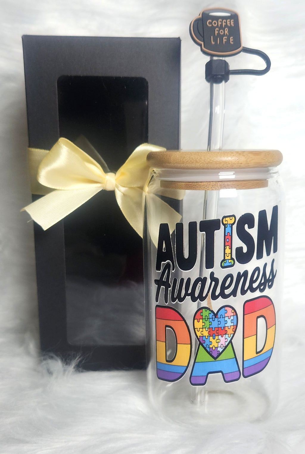 16oz Autism Awareness Glass Tumblers with Bamboo Lid, Glass Straw, & Straw Cleaner