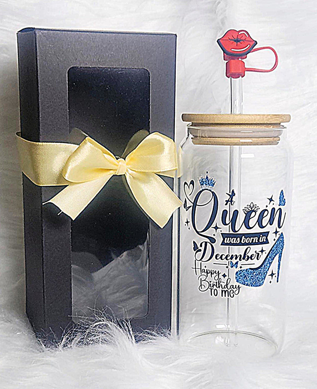 16oz Birthday Queen Glass Tumblers with Bamboo Lid, Glass Straw, & Straw Cleaner