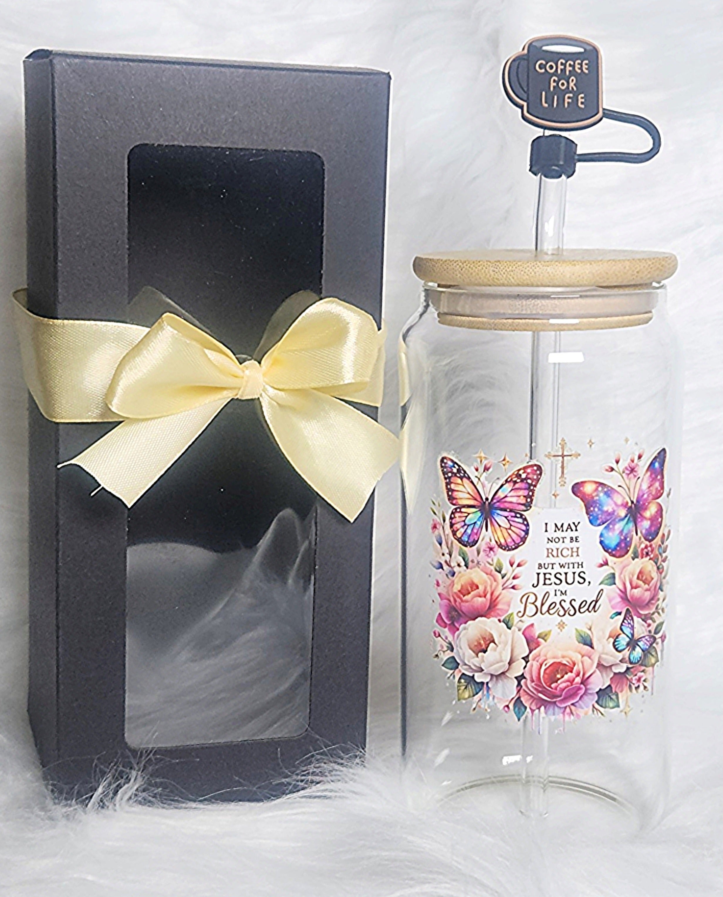 16oz The Lord Inspirational Glass Tumblers with Bamboo Lid, Glass Straw, & Straw Cleaner