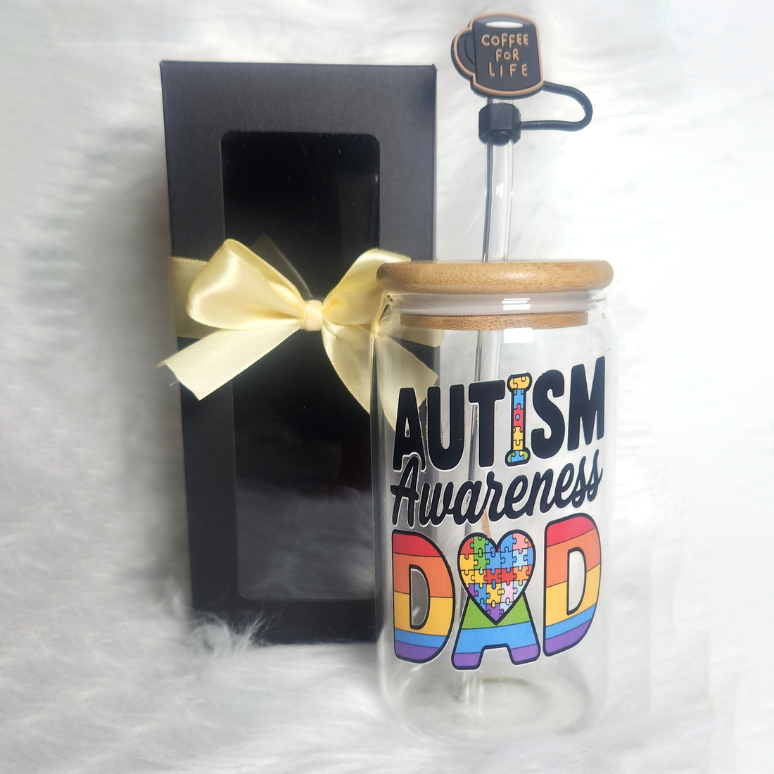 16oz Autism Awareness Glass Tumblers with Bamboo Lid, Glass Straw, & Straw Cleaner