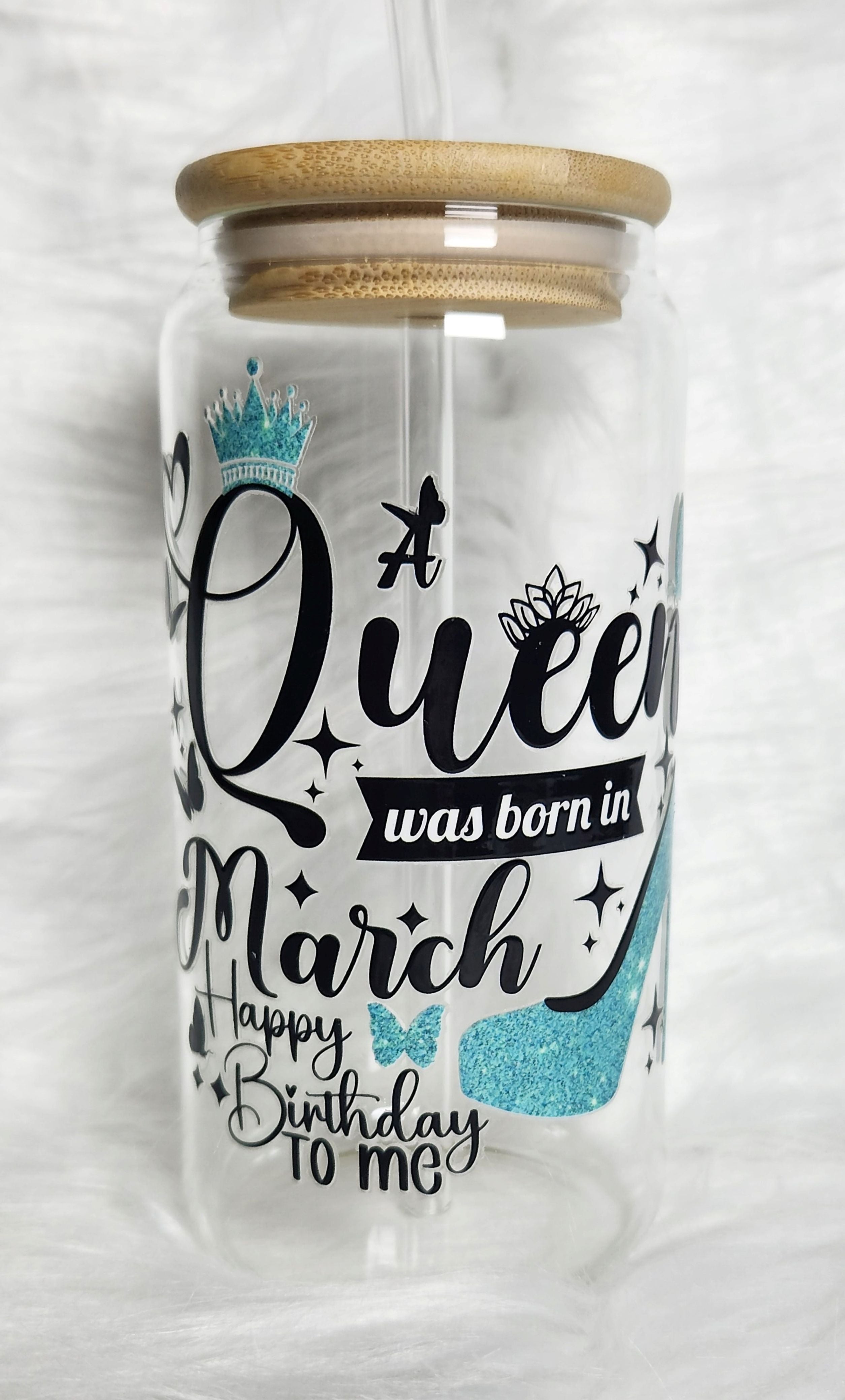 16oz Birthday Queen Glass Tumblers with Bamboo Lid, Glass Straw, & Straw Cleaner