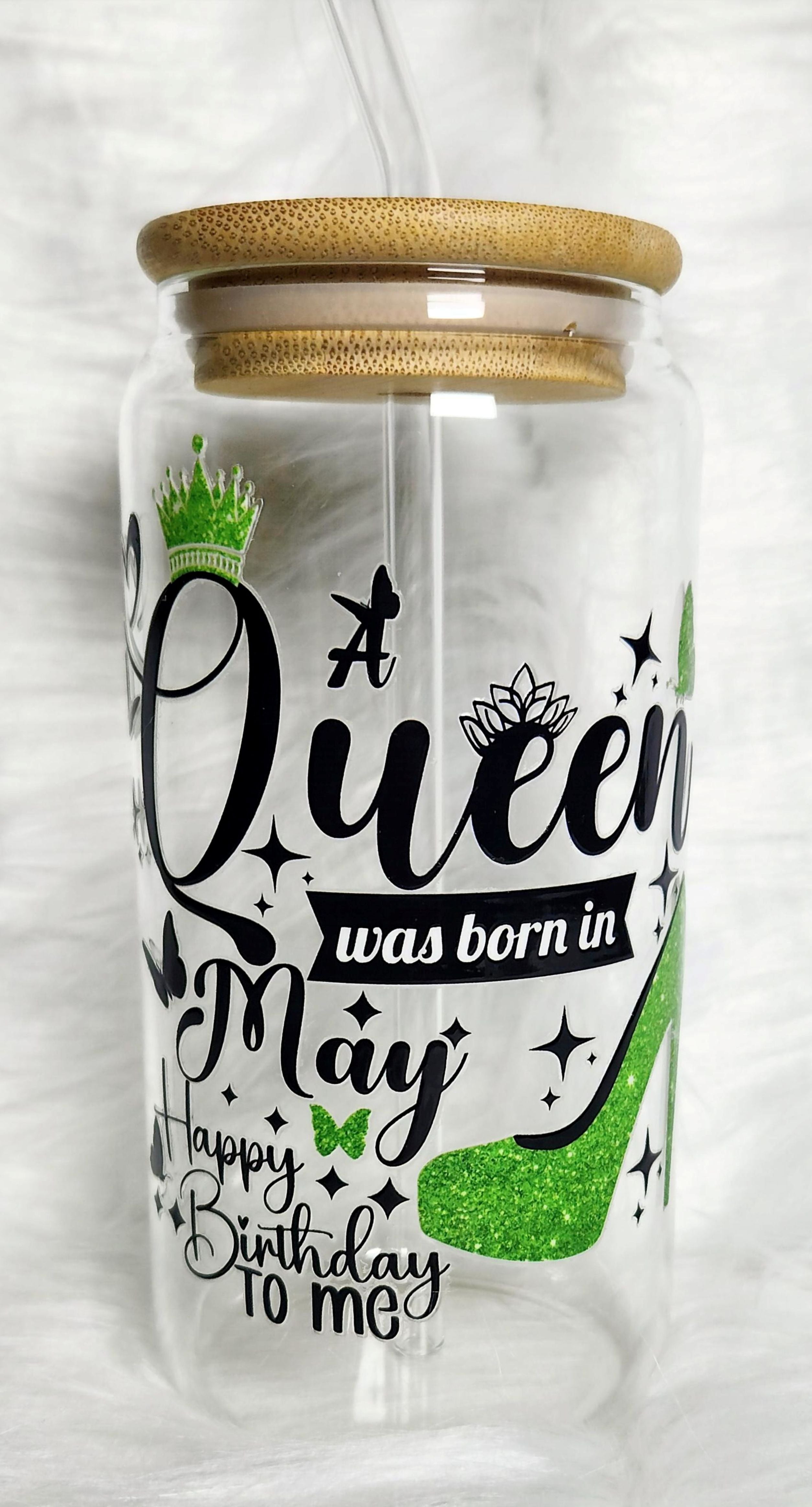 16oz Birthday Queen Glass Tumblers with Bamboo Lid, Glass Straw, & Straw Cleaner
