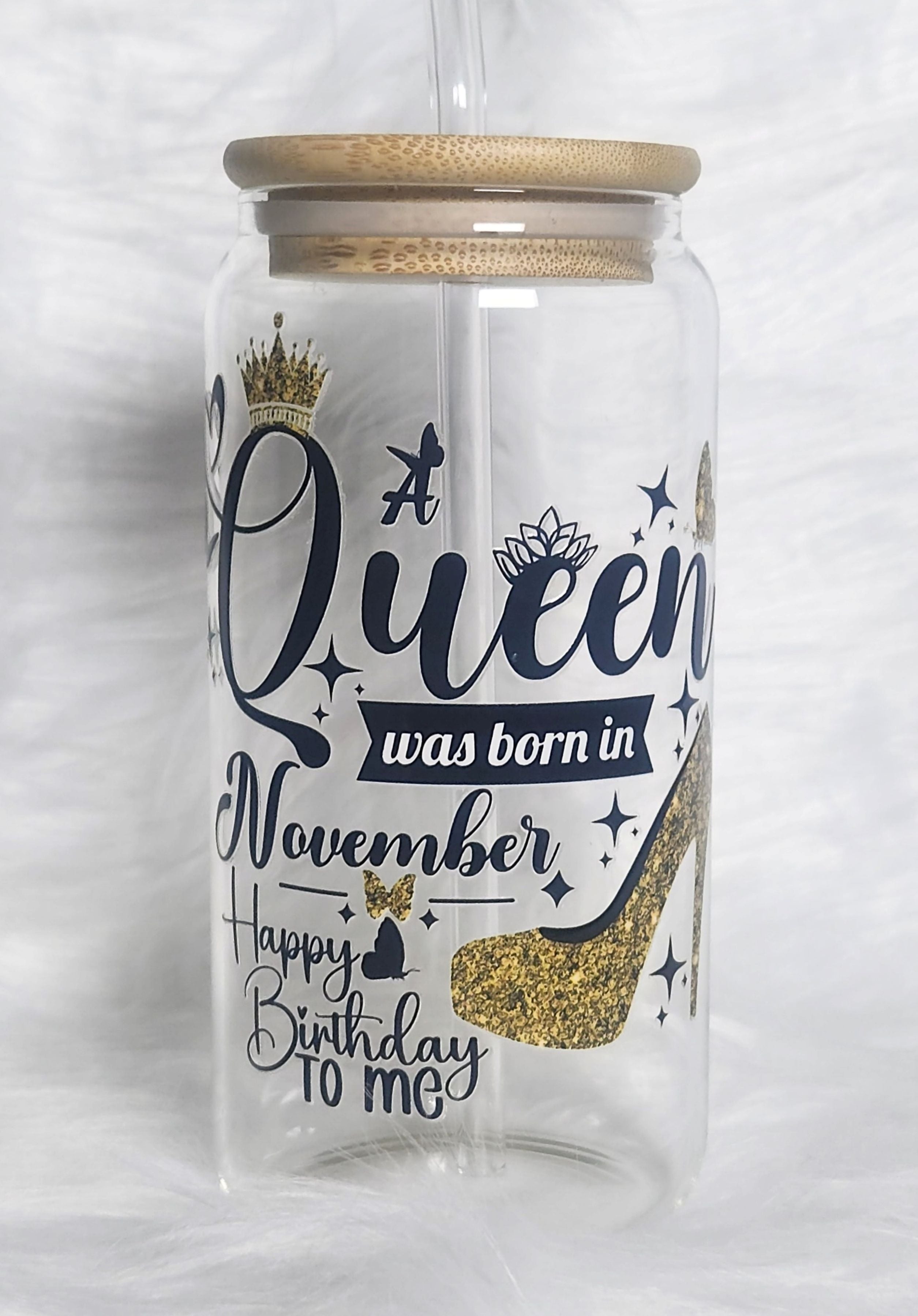 16oz Birthday Queen Glass Tumblers with Bamboo Lid, Glass Straw, & Straw Cleaner