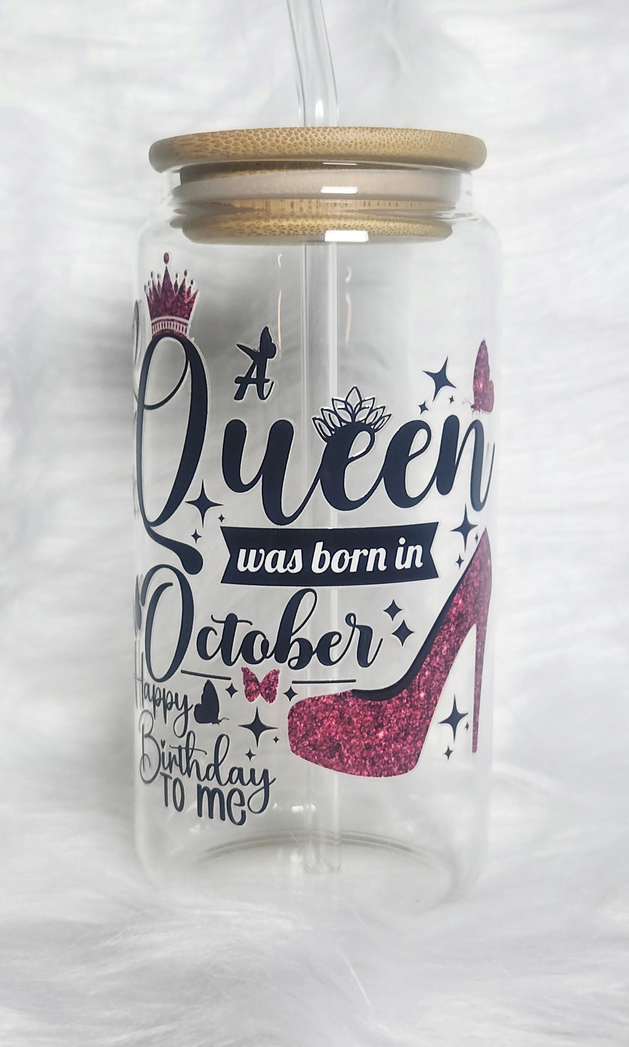16oz Birthday Queen Glass Tumblers with Bamboo Lid, Glass Straw, & Straw Cleaner
