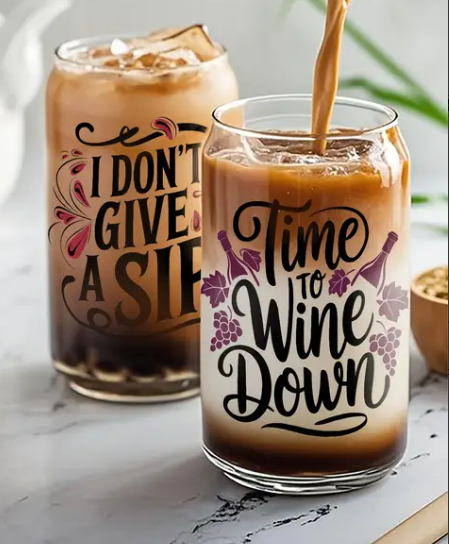 16oz Wine Lovers Glass Tumblers with Bamboo Lid, Glass Straw, & Straw Cleaner