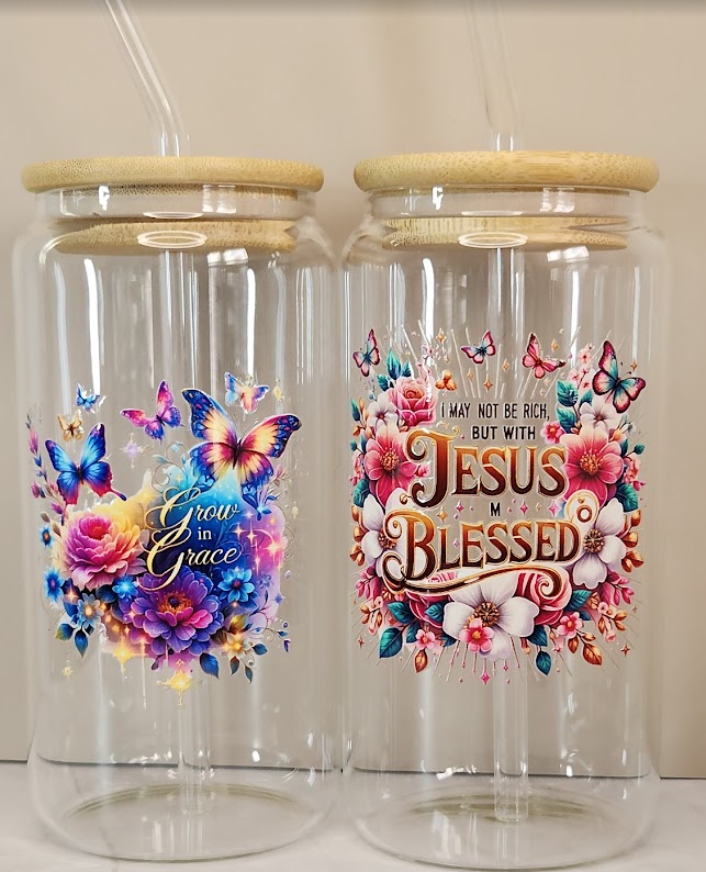 16oz The Lord Inspirational Glass Tumblers with Bamboo Lid, Glass Straw, & Straw Cleaner