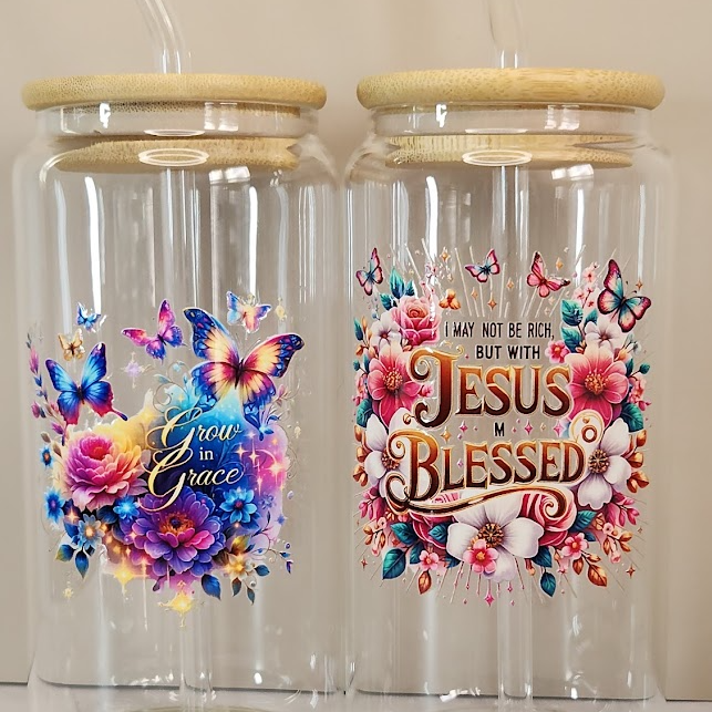 16oz The Lord Inspirational Glass Tumblers with Bamboo Lid, Glass Straw, & Straw Cleaner