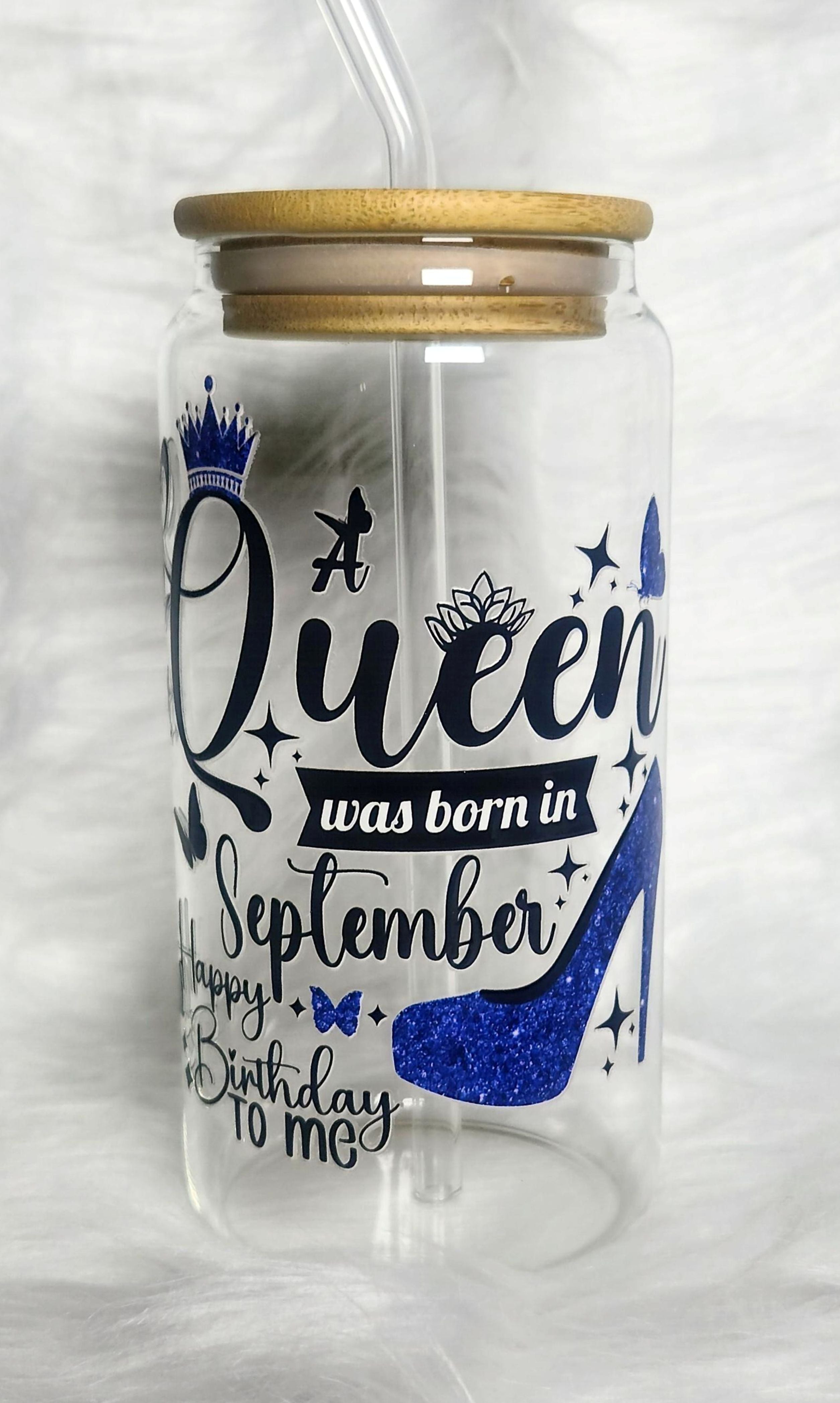 16oz Birthday Queen Glass Tumblers with Bamboo Lid, Glass Straw, & Straw Cleaner