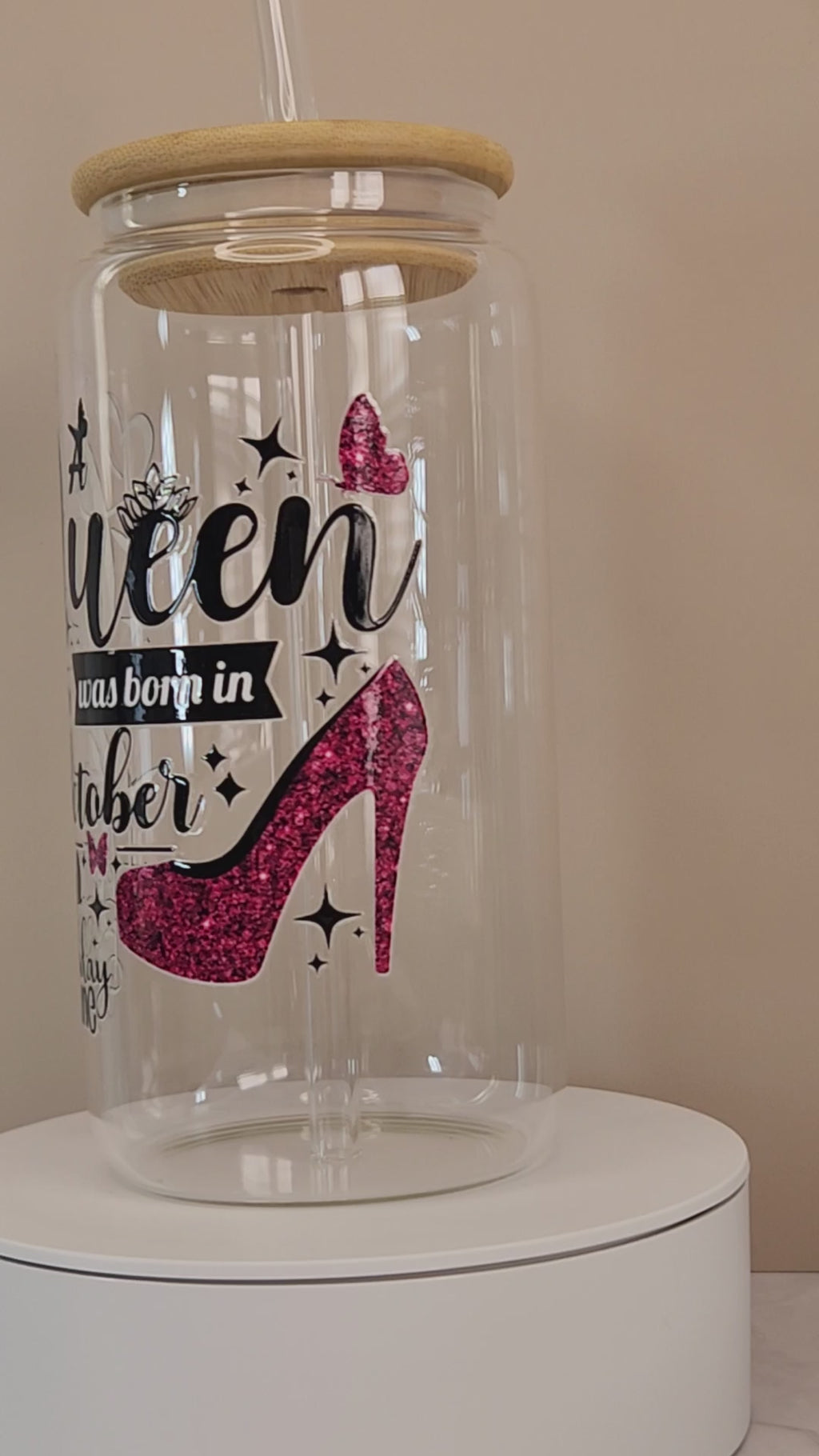 16oz Birthday Queen Glass Tumblers with Bamboo Lid, Glass Straw, & Straw Cleaner