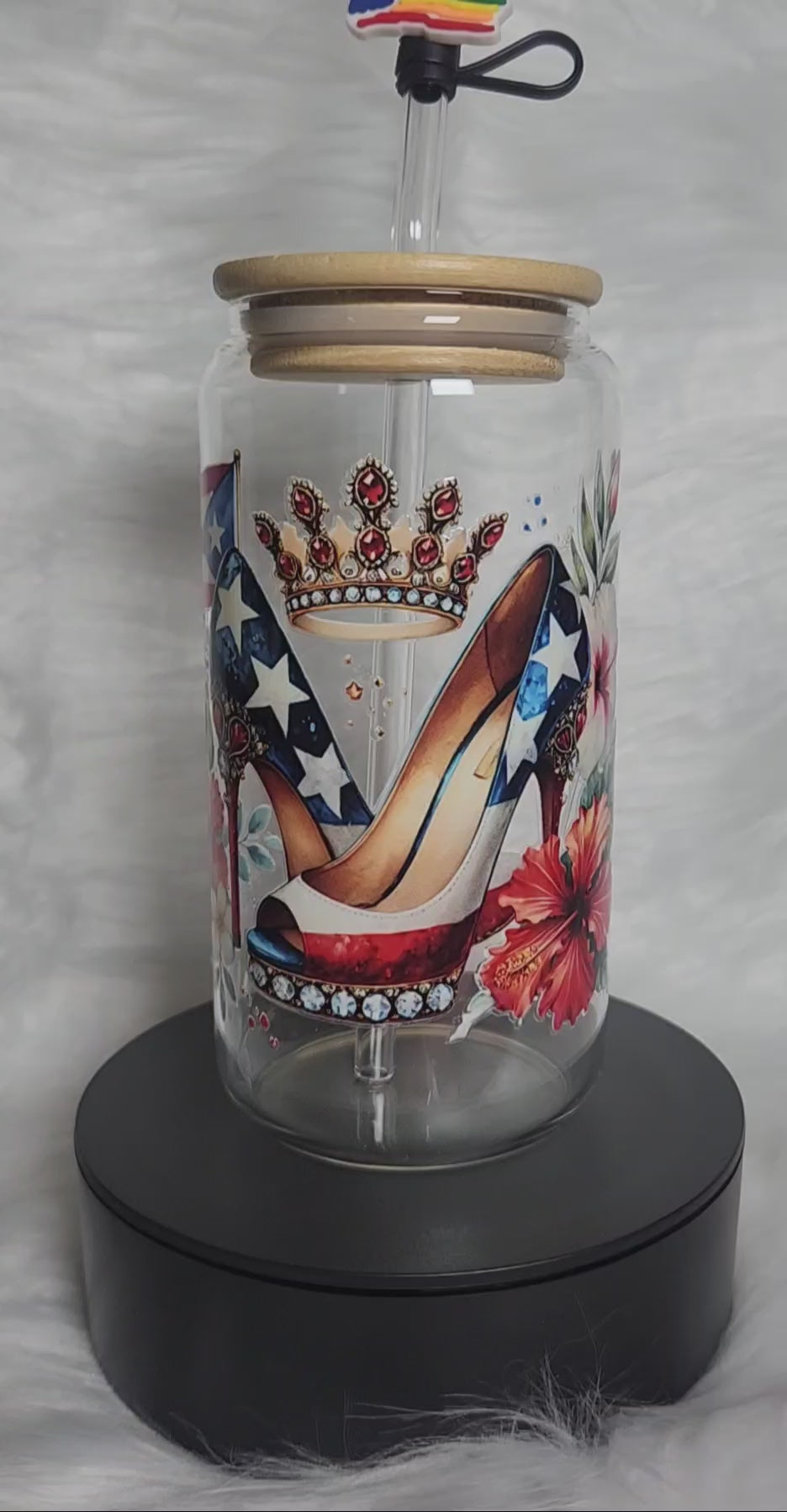 16oz Boricua Queen Glass Tumblers with Bamboo Lid, Glass Straw, & Straw Cleaner