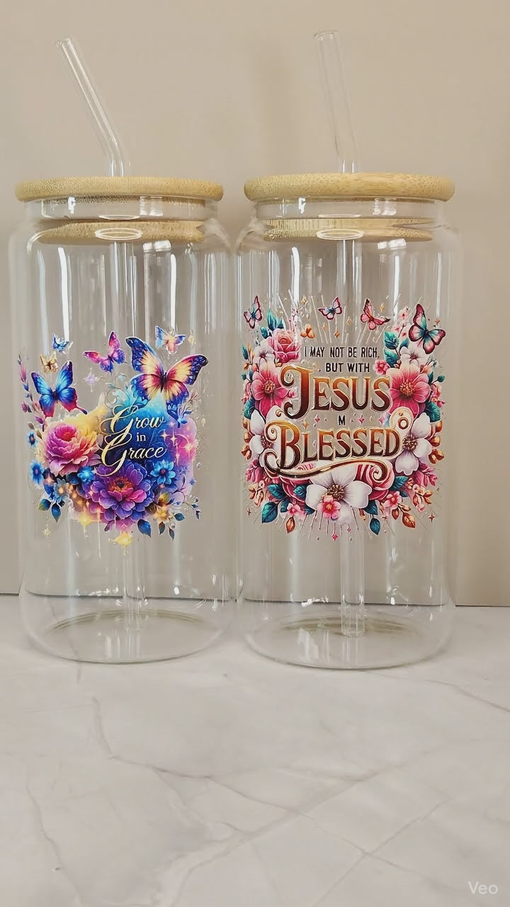 16oz The Lord Inspirational Glass Tumblers with Bamboo Lid, Glass Straw, & Straw Cleaner